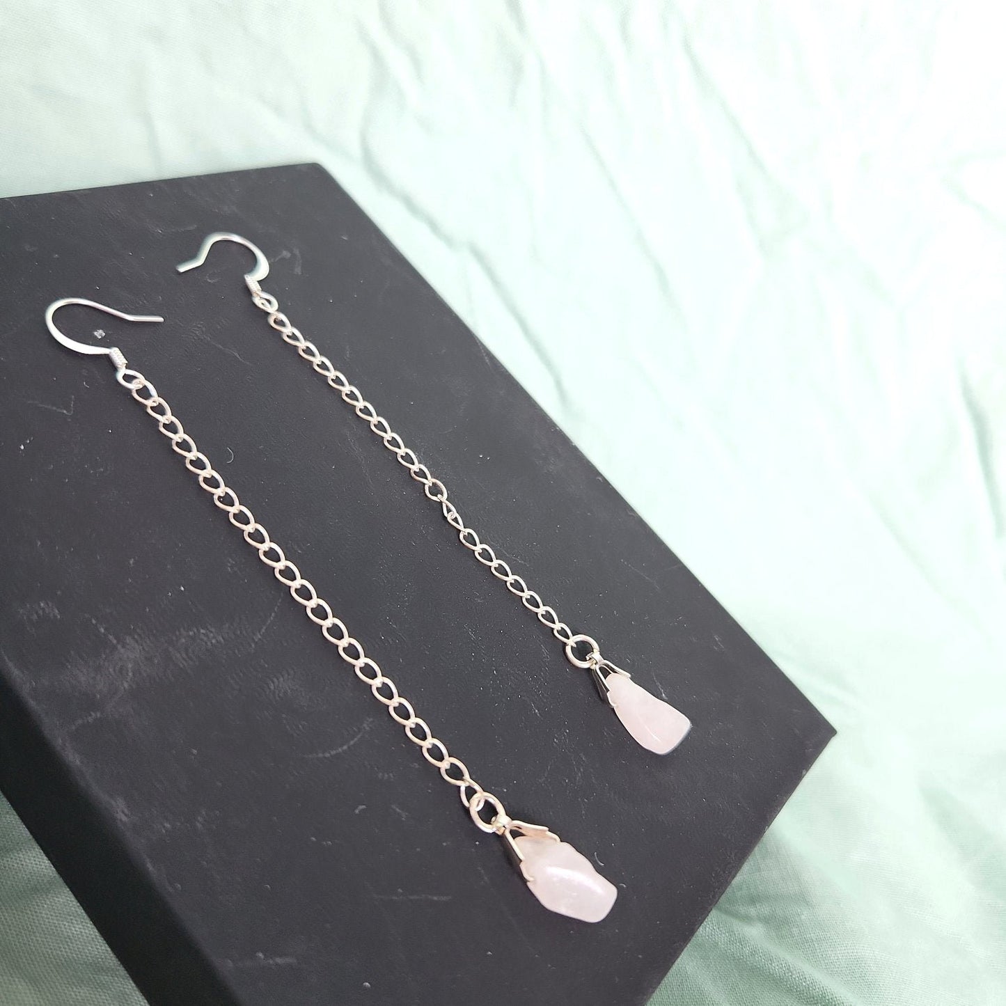 Beaded Silver p. Long Drop Rose Quartz Earrings