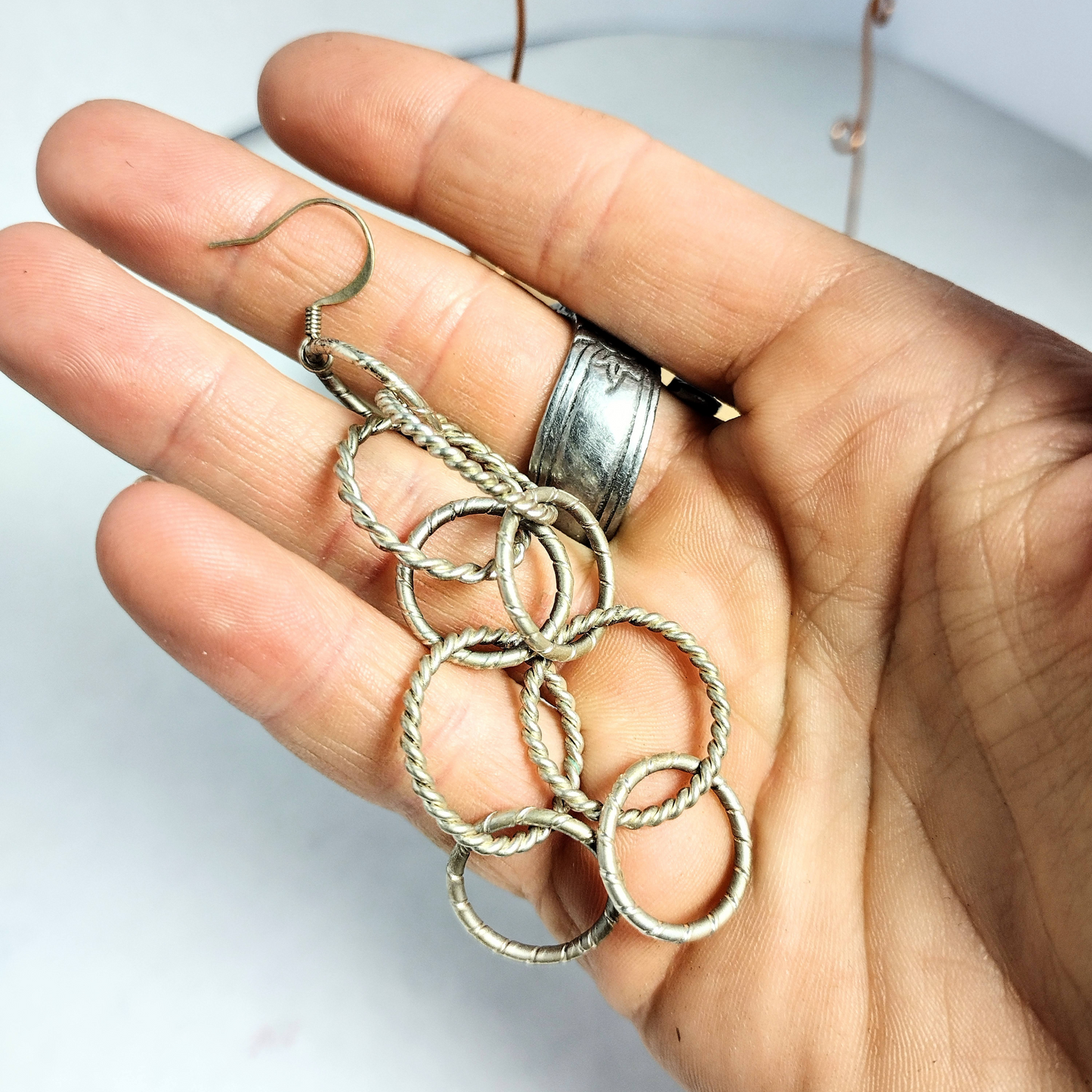 Silver Copper Brushed Circle Chandelier Earrings 3 1/2" long, Circle Chain Jewelry.