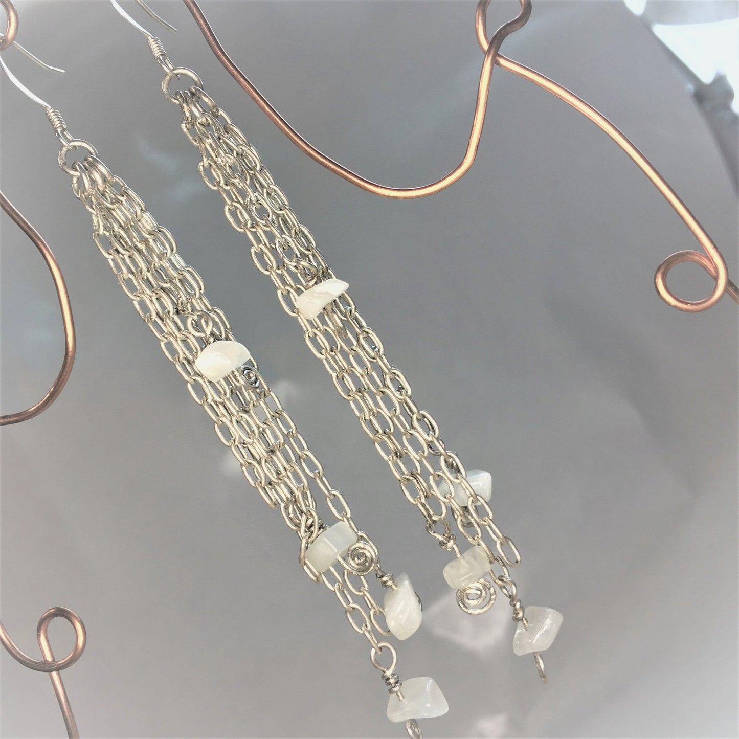 Beaded Starry Night Moonstone Silver Chandelier Earrings
