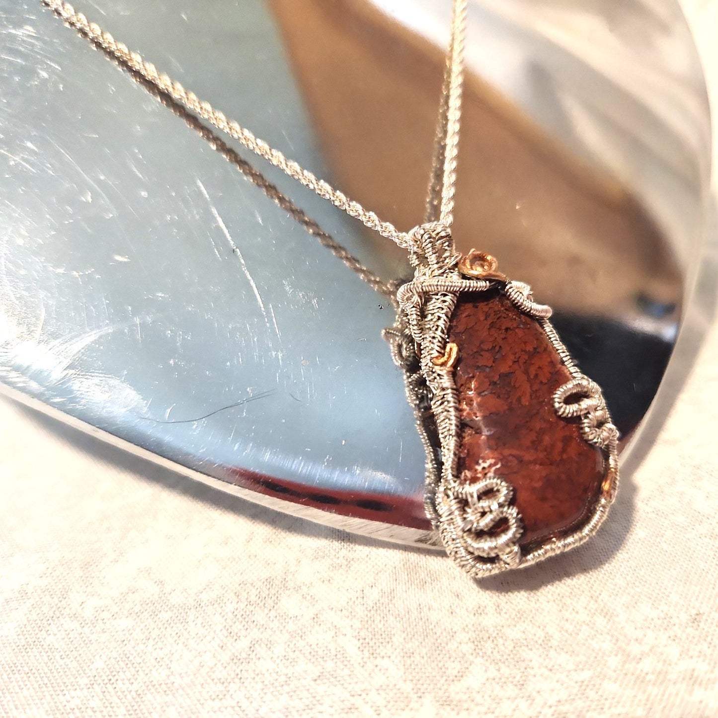 Crazy Wire Wrapped Natural Red Fern Flower Jasper, Copper Rose, Silver Necklace