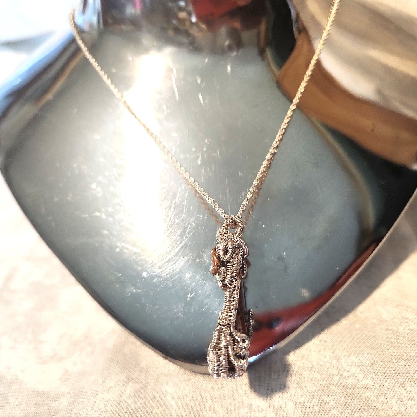 Crazy Wire Wrapped Natural Red Fern Flower Jasper, Copper Rose, Silver Necklace