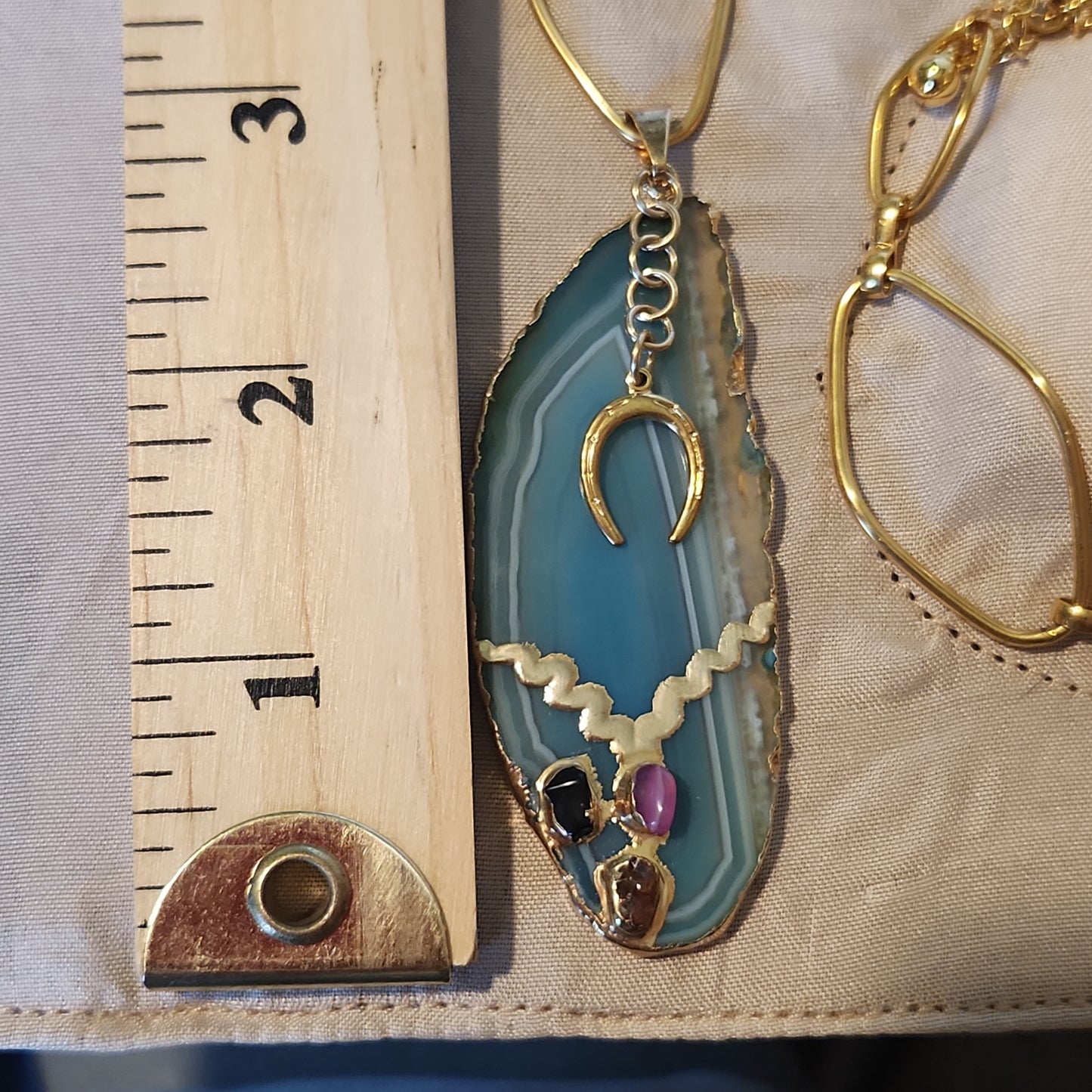 Agate Matching Gold Energy Jewelry Set: Blue Waterline Agate Pendent Long Necklace, Earrings & Bracelet