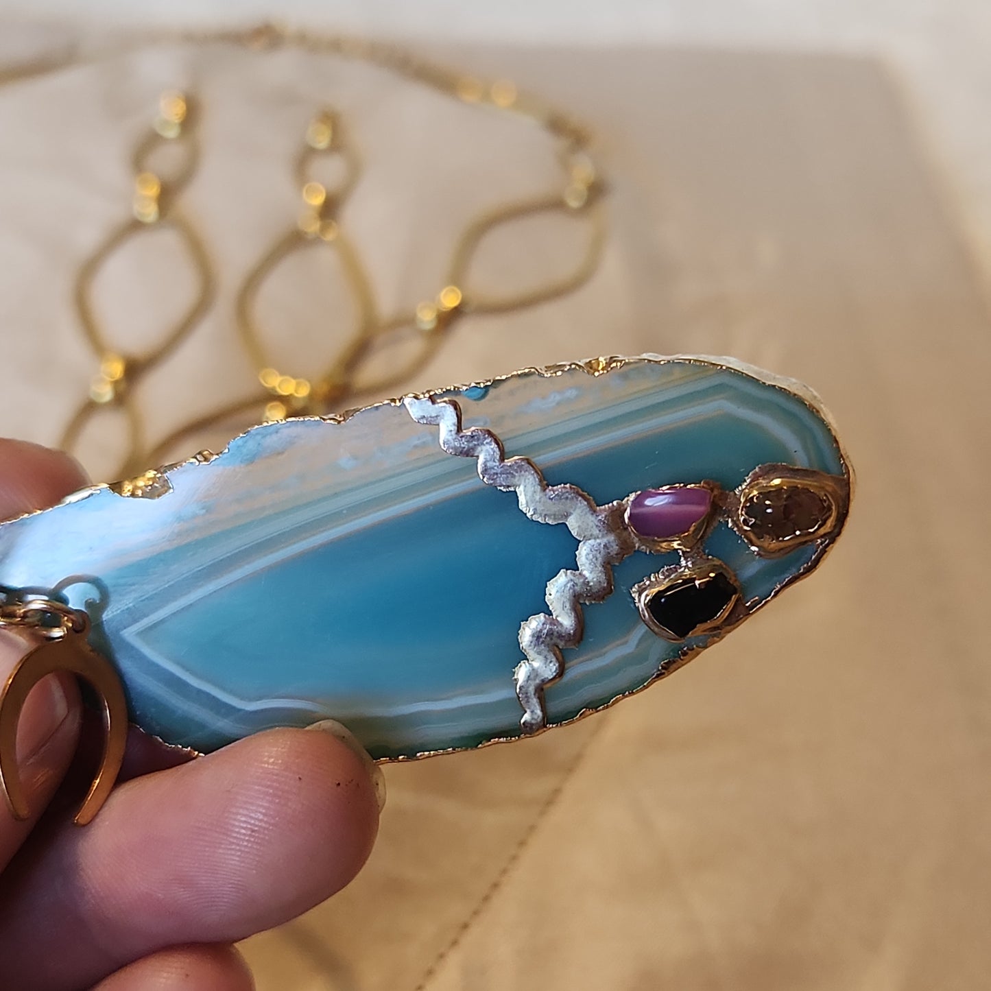 Agate Matching Gold Energy Jewelry Set: Blue Waterline Agate Pendent Long Necklace, Earrings & Bracelet