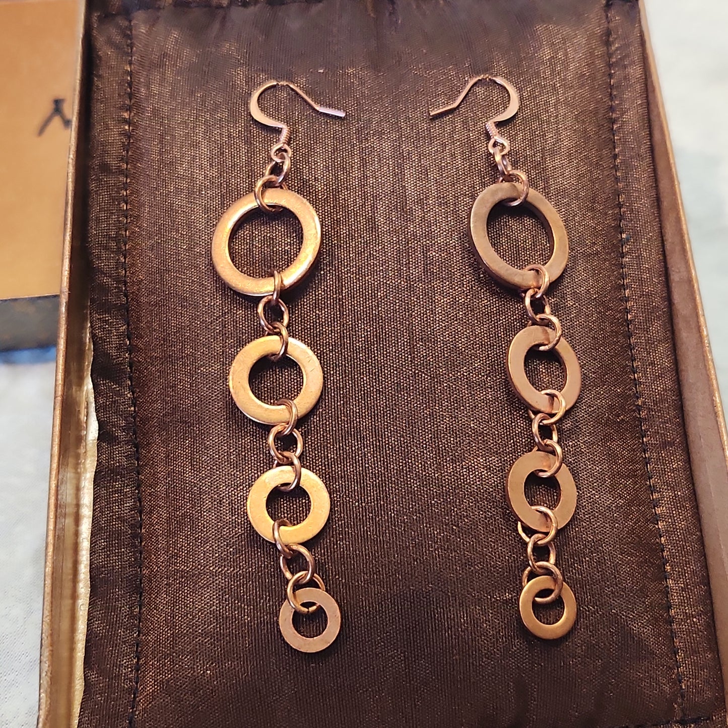 Copper Washer Tear Drop Rustic Long Natural Earrings