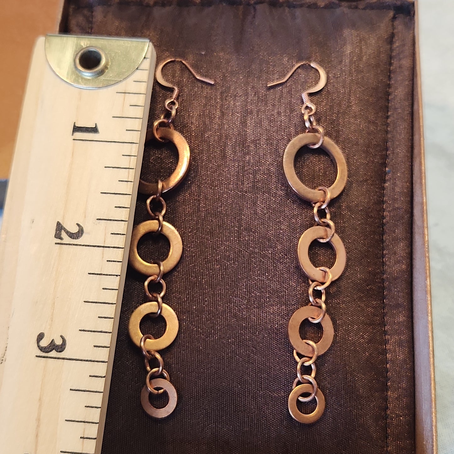 Copper Washer Tear Drop Rustic Long Natural Earrings