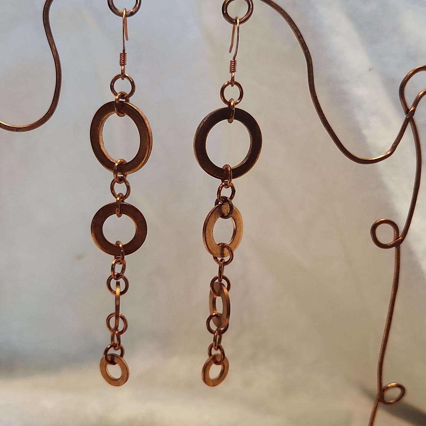 Copper Washer Tear Drop Rustic Long Natural Earrings