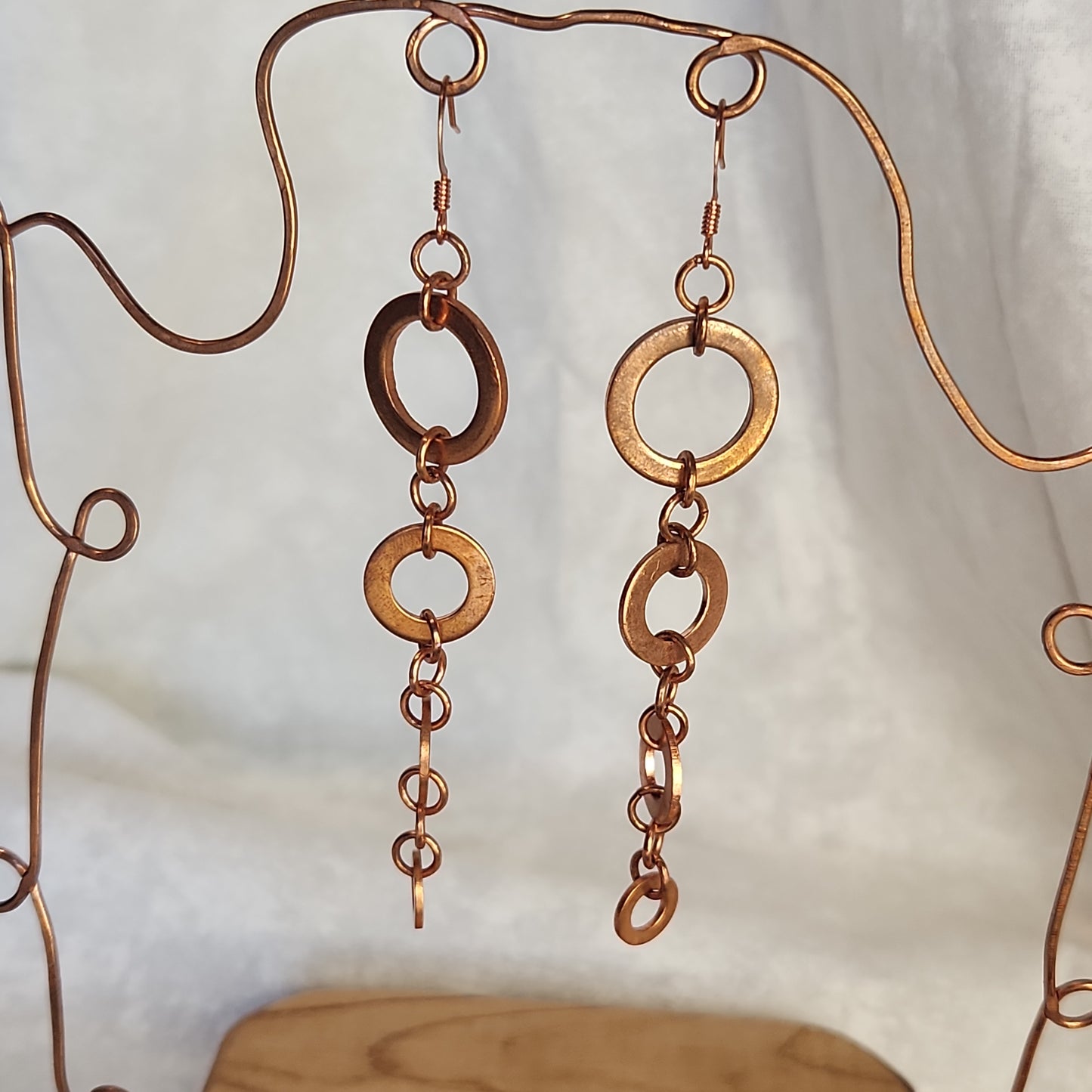 Copper Washer Tear Drop Rustic Long Natural Earrings