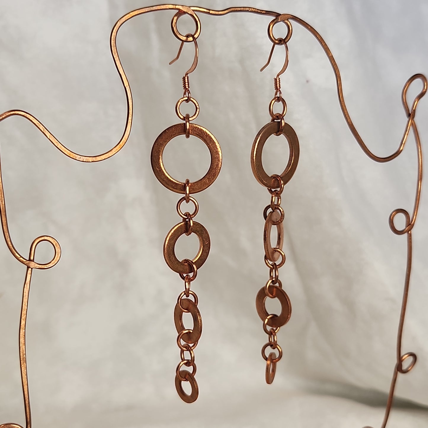 Copper Washer Tear Drop Rustic Long Natural Earrings