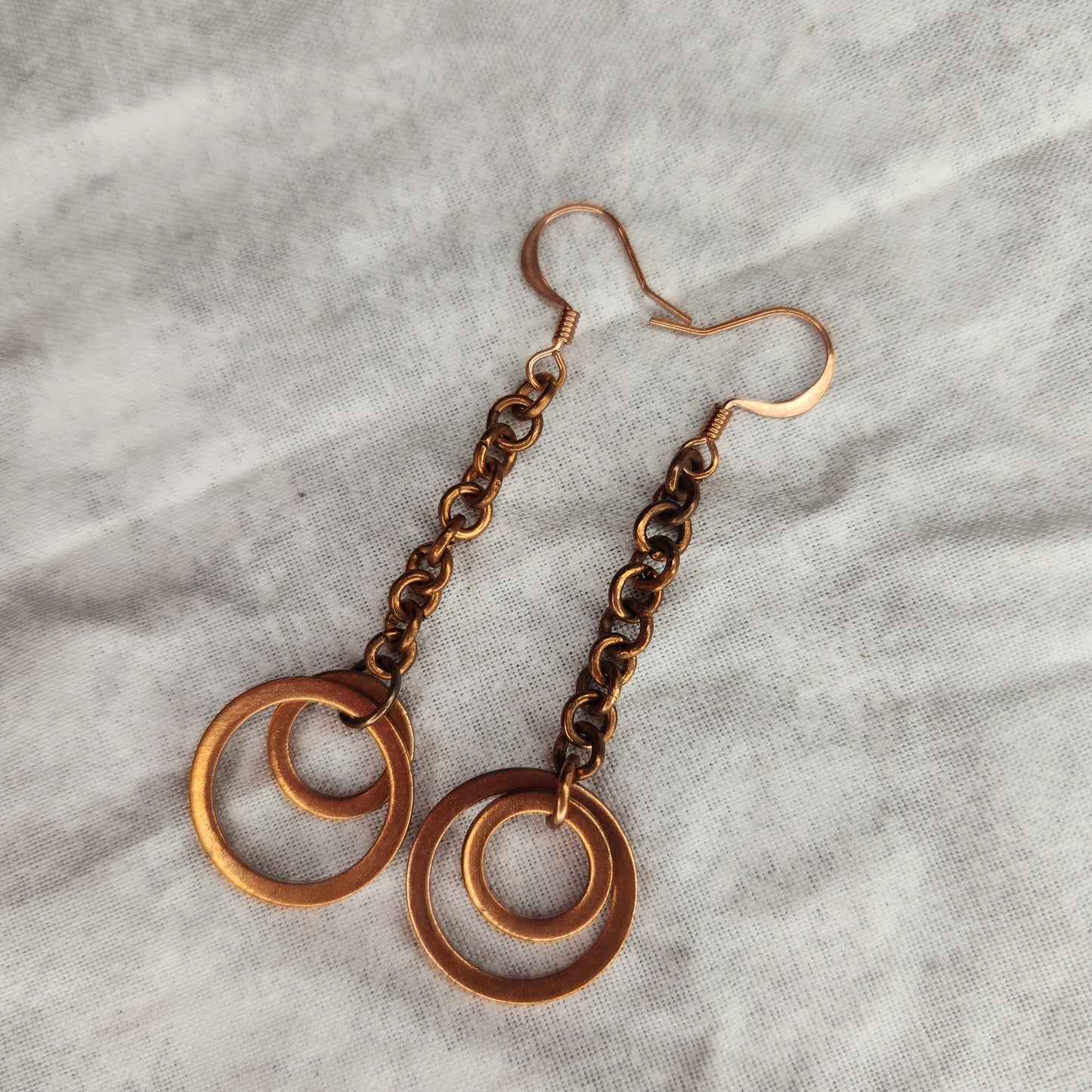 Copper Washer Rustic Double Loop Mid Drop Earrings