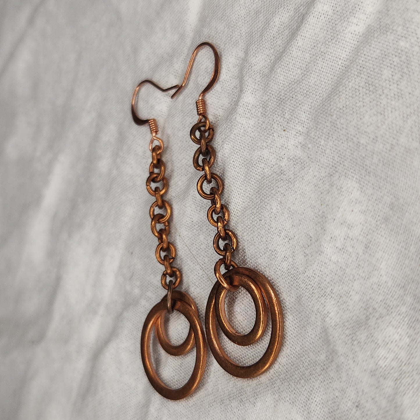 Copper Washer Rustic Double Loop Mid Drop Earrings