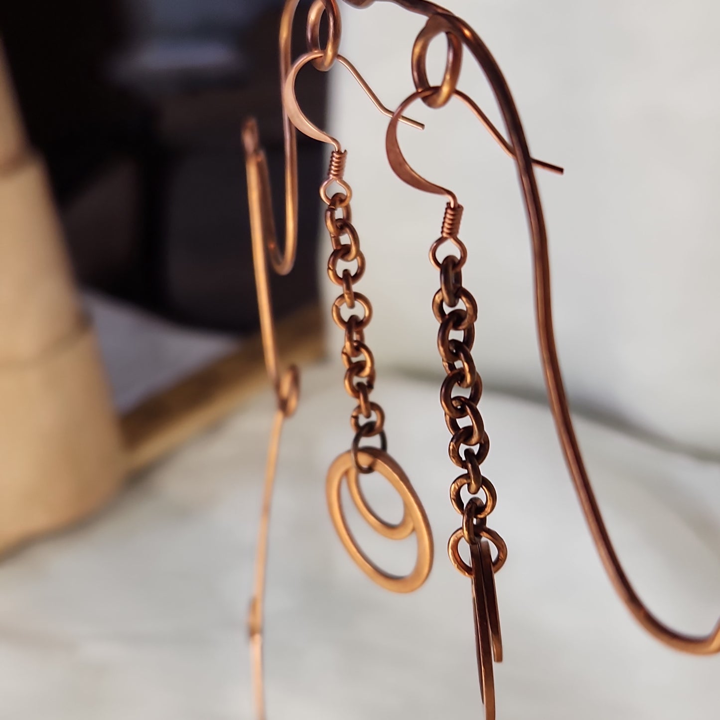 Copper Washer Rustic Double Loop Mid Drop Earrings