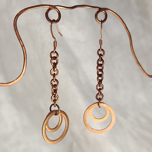 Copper Washer Rustic Double Loop Mid Drop Earrings