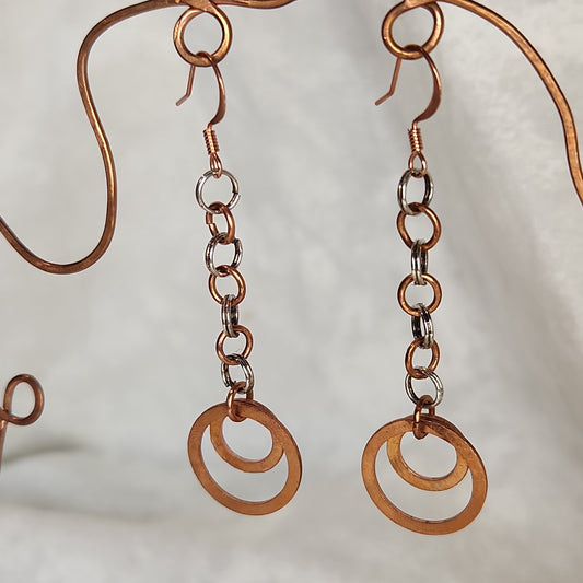 Copper/Silver Rustic Washer Double Loop Drop Earrings