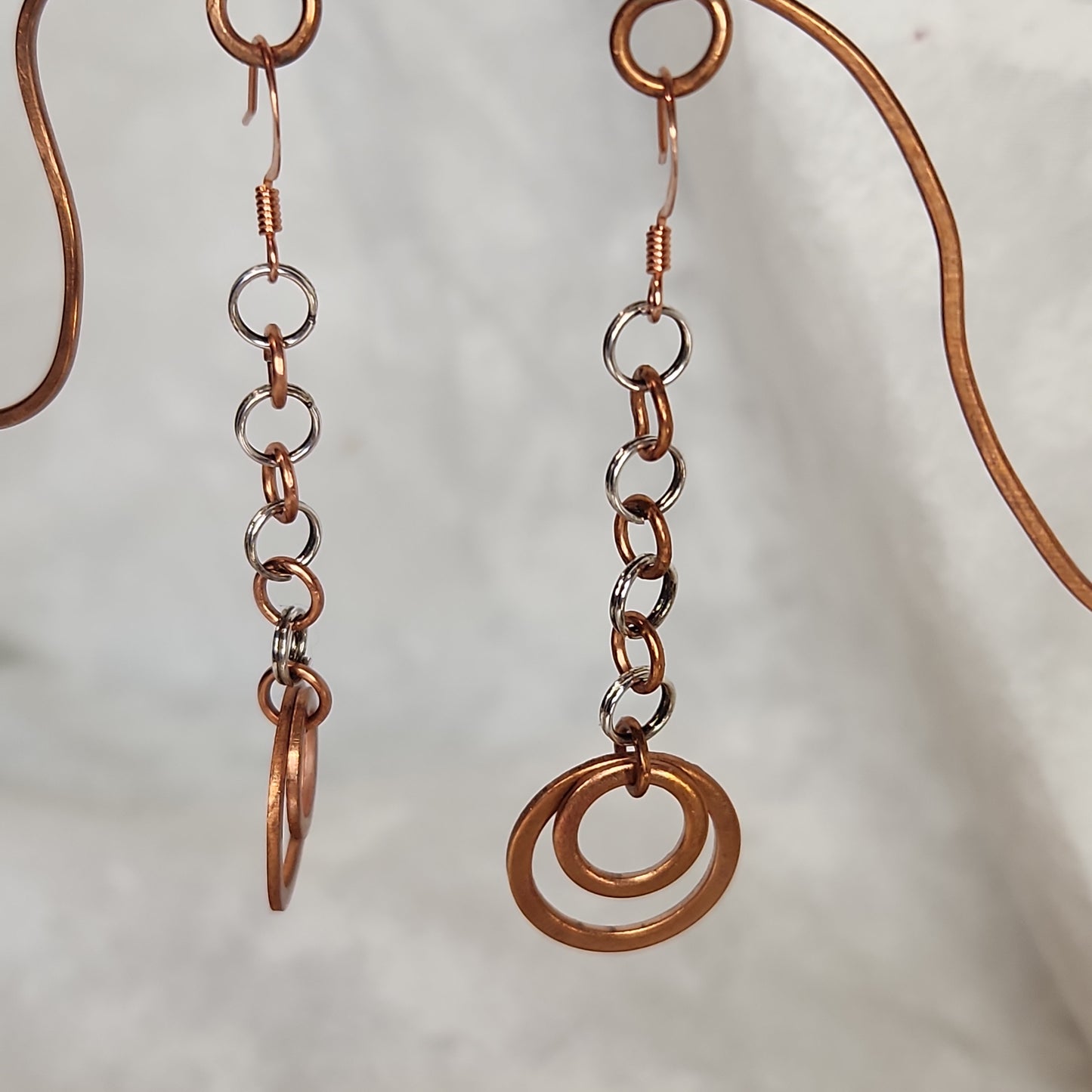 Copper/Silver Rustic Washer Double Loop Drop Earrings