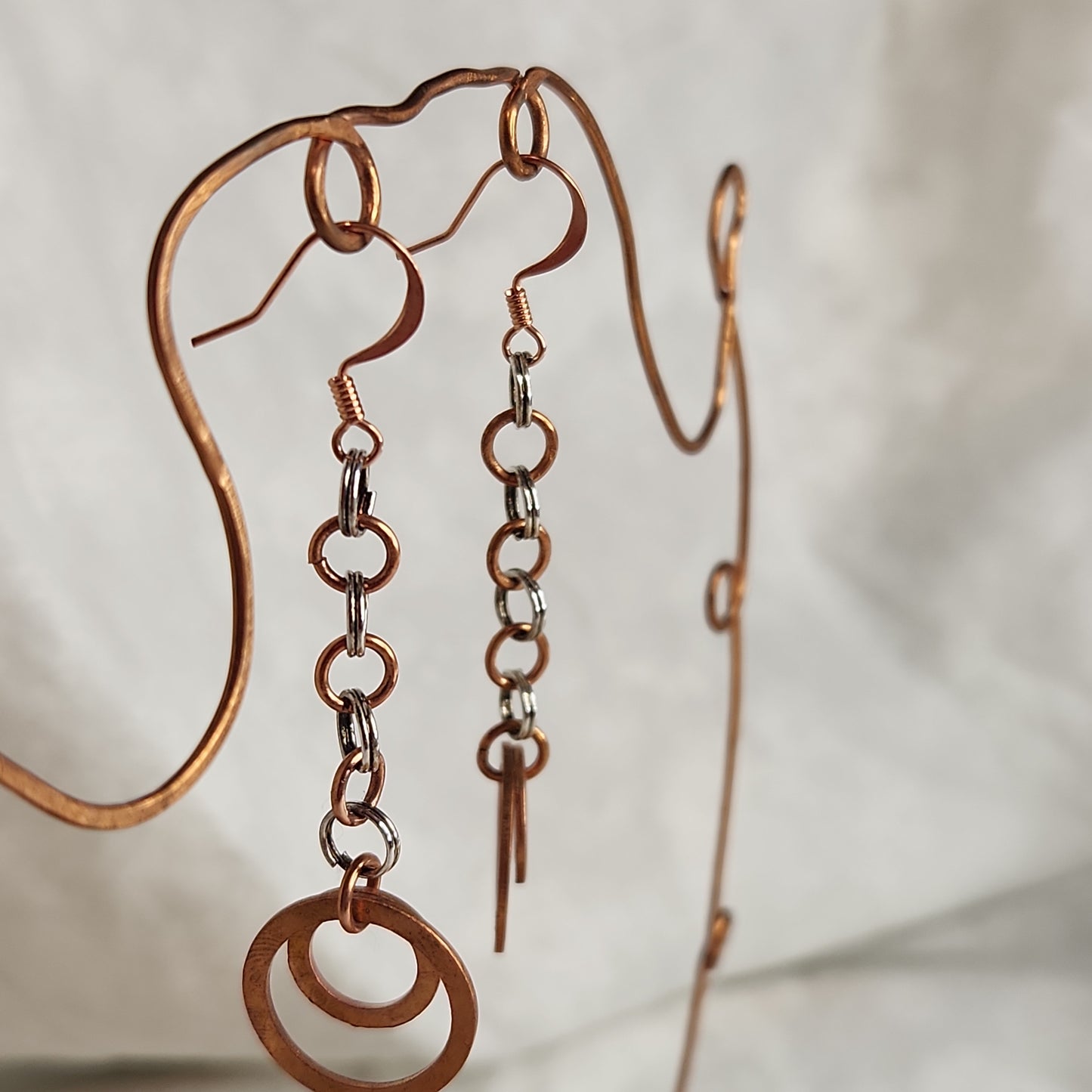 Copper/Silver Rustic Washer Double Loop Drop Earrings