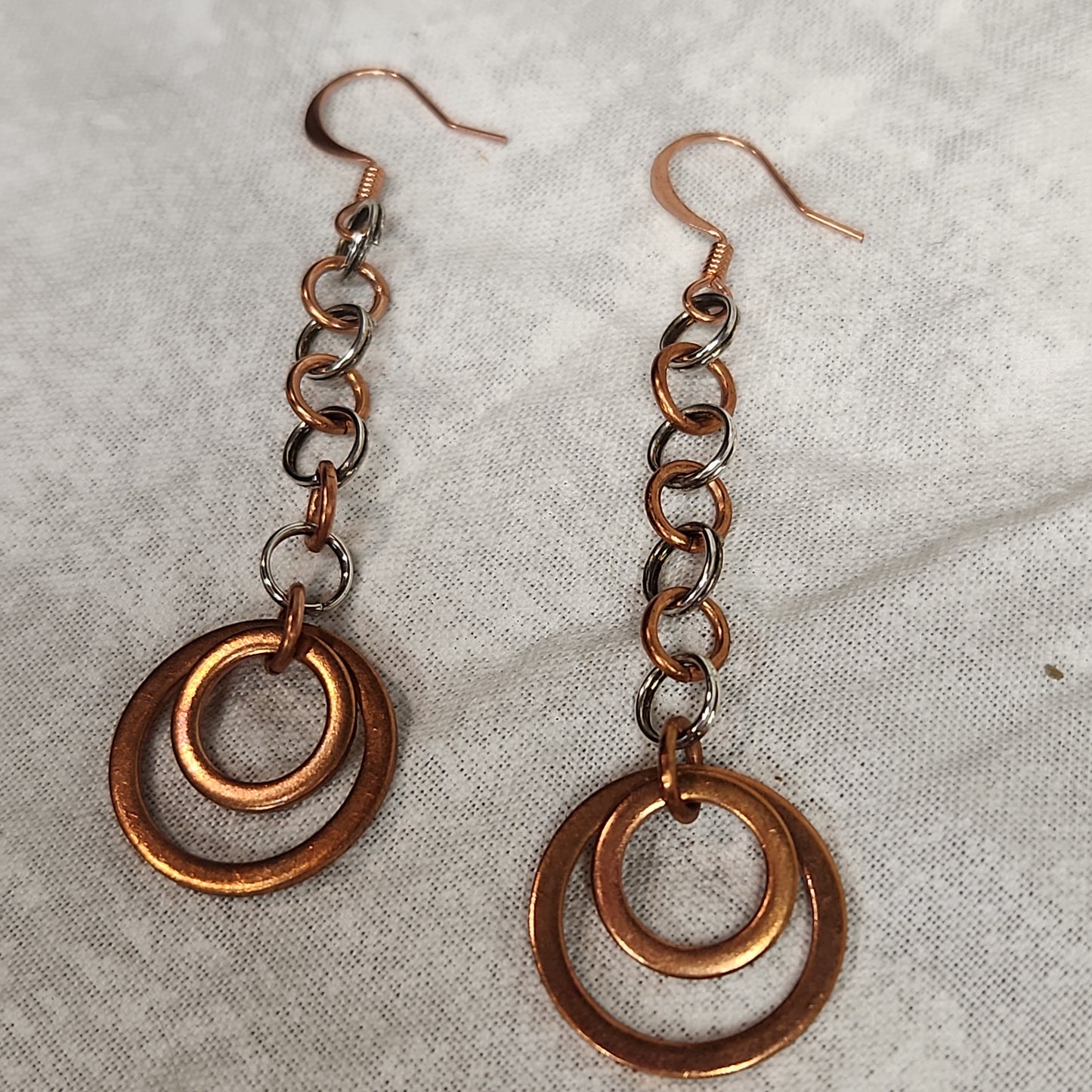 Copper/Silver Rustic Washer Double Loop Drop Earrings