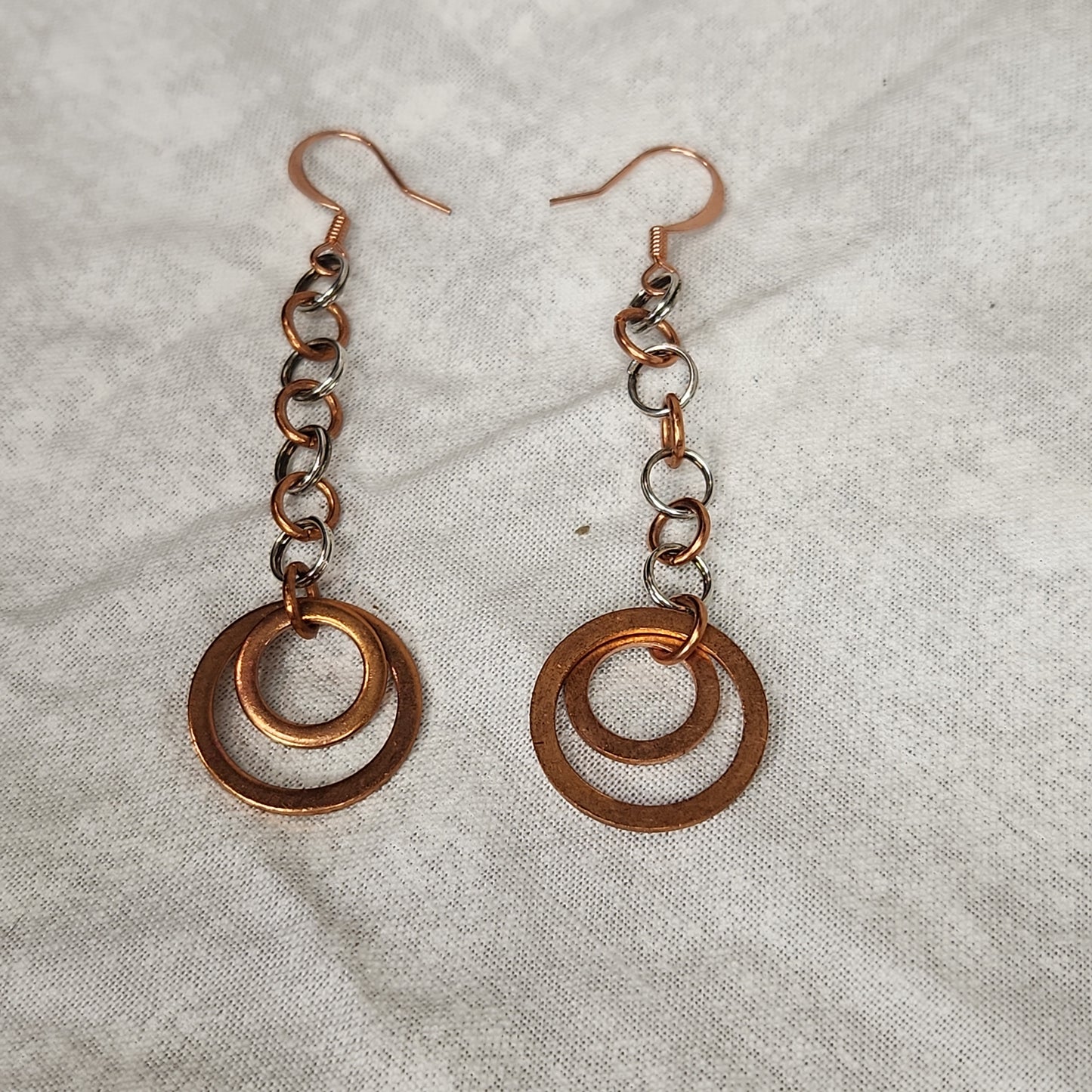 Copper/Silver Rustic Washer Double Loop Drop Earrings