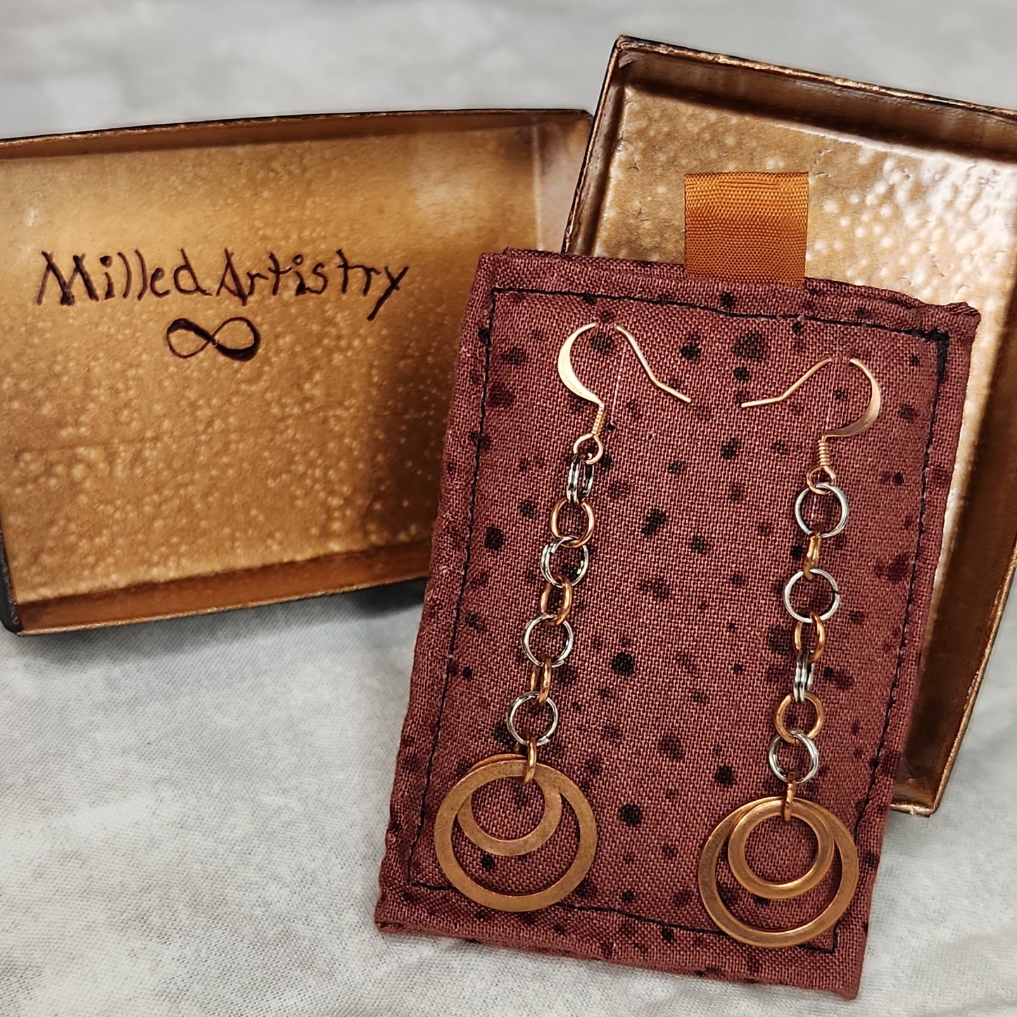 Copper/Silver Rustic Washer Double Loop Drop Earrings