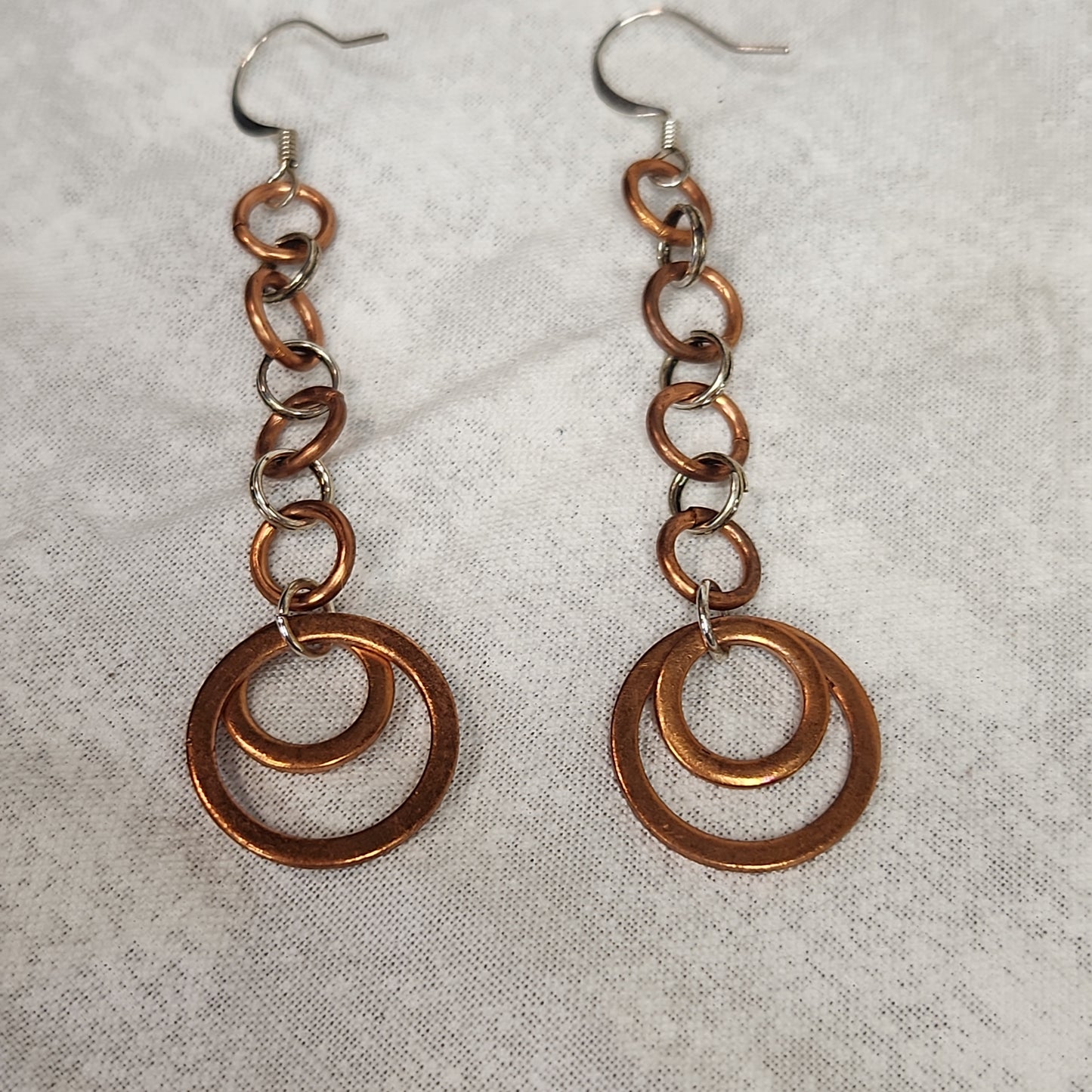 Copper/Silver Rustic Washer Loop Drop Earrings