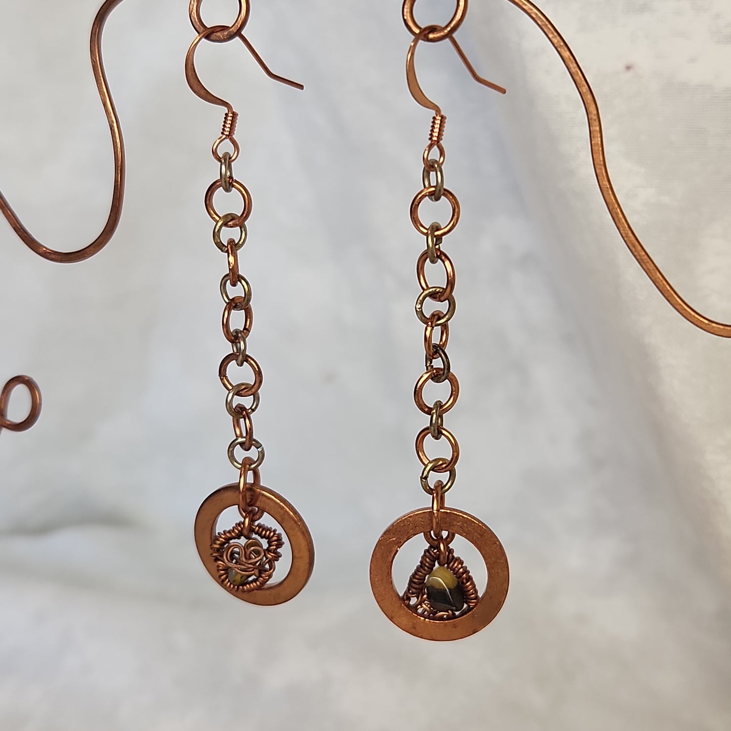 Copper/Silver Crazy Rustic Washer Wire Wrapped Tiger Eye Beaded Drop Earrings