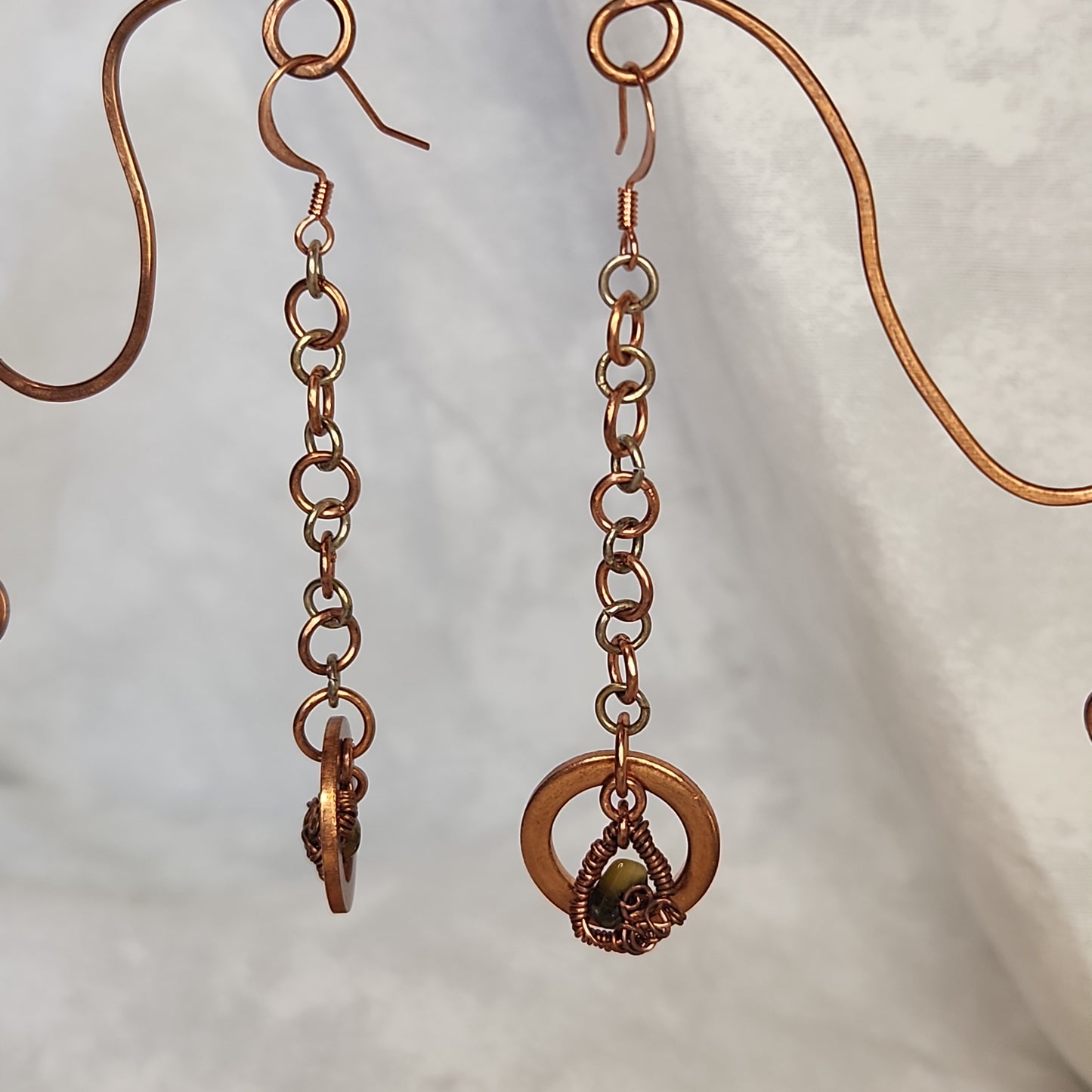 Copper/Silver Crazy Rustic Washer Wire Wrapped Tiger Eye Beaded Drop Earrings