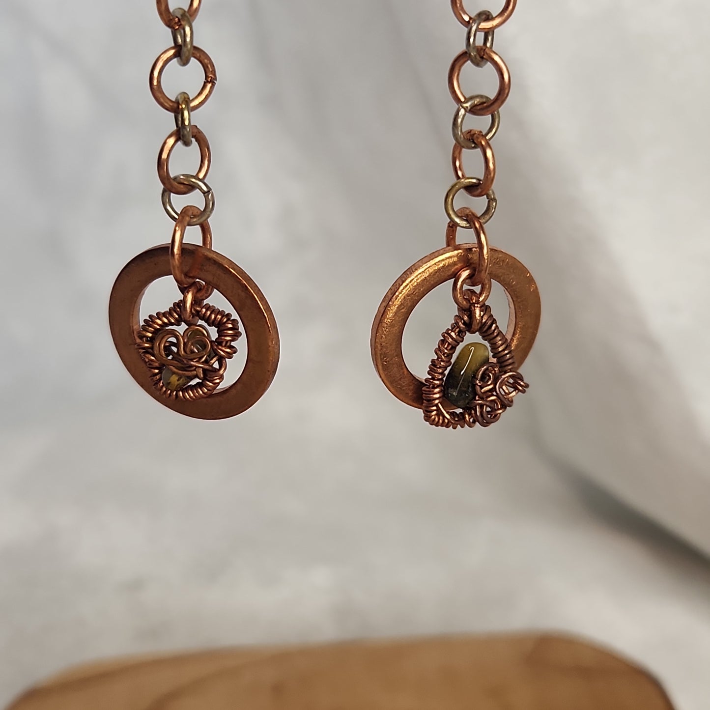 Copper/Silver Crazy Rustic Washer Wire Wrapped Tiger Eye Beaded Drop Earrings