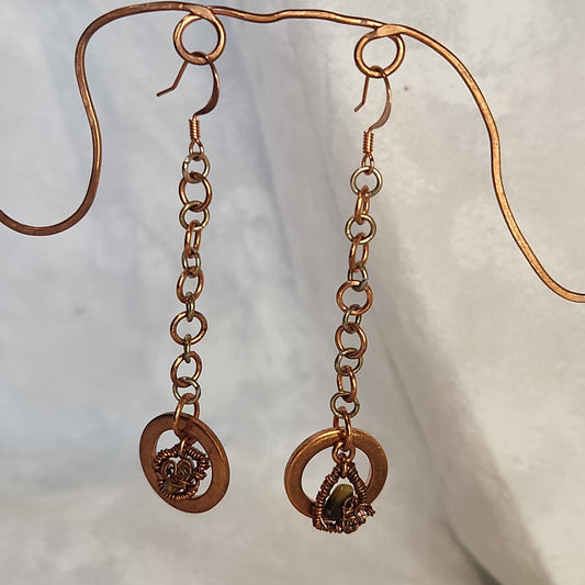 Copper/Silver Crazy Rustic Washer Wire Wrapped Tiger Eye Beaded Drop Earrings