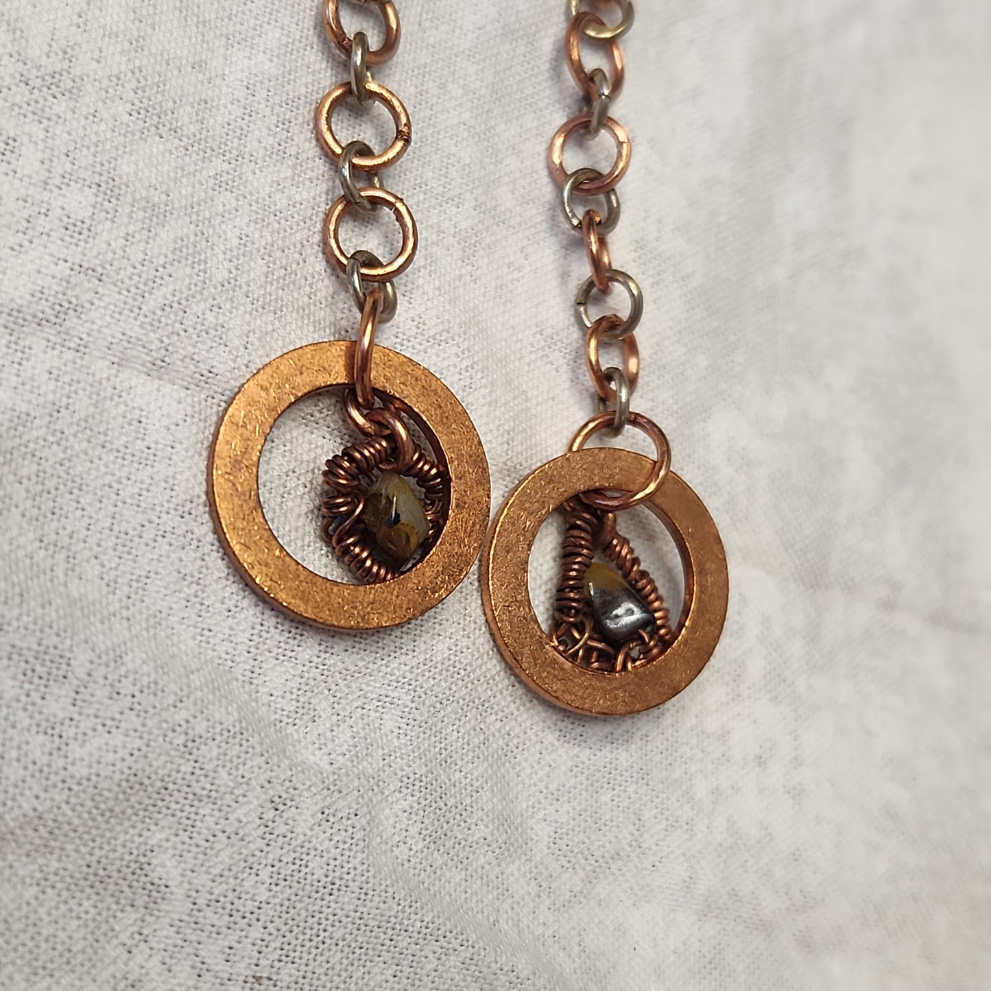 Copper/Silver Crazy Rustic Washer Wire Wrapped Tiger Eye Beaded Drop Earrings