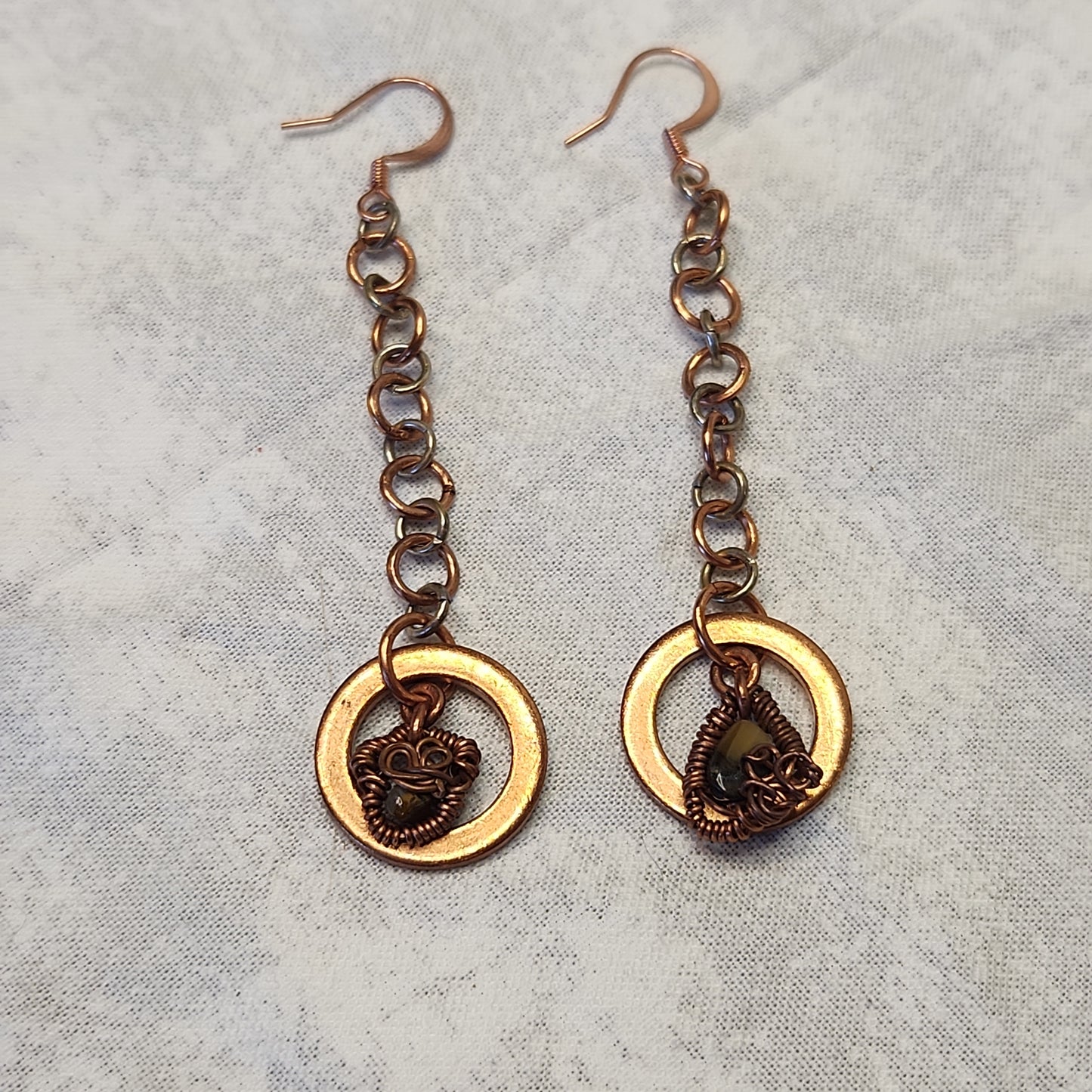 Copper/Silver Crazy Rustic Washer Wire Wrapped Tiger Eye Beaded Drop Earrings