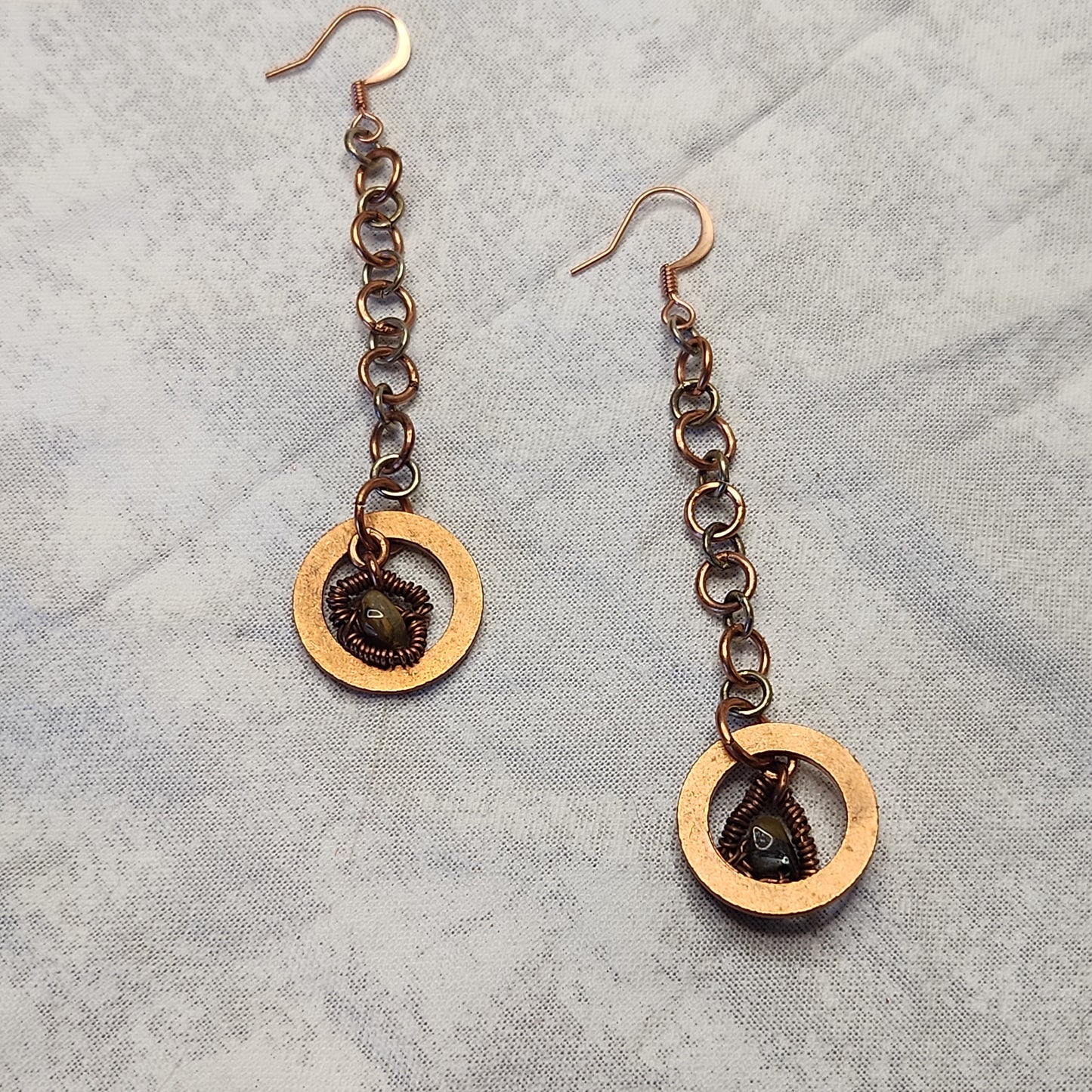 Copper/Silver Crazy Rustic Washer Wire Wrapped Tiger Eye Beaded Drop Earrings