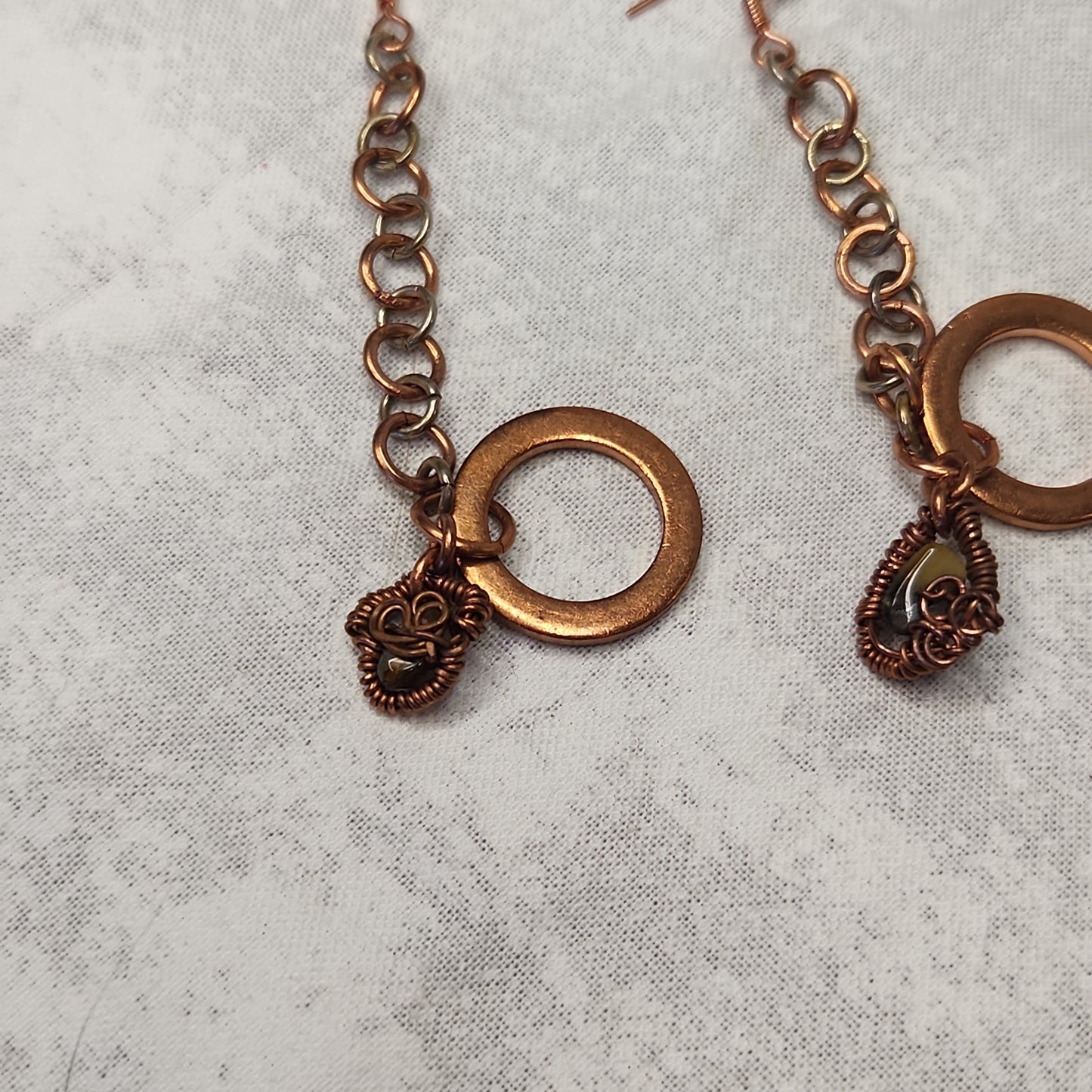 Copper/Silver Crazy Rustic Washer Wire Wrapped Tiger Eye Beaded Drop Earrings