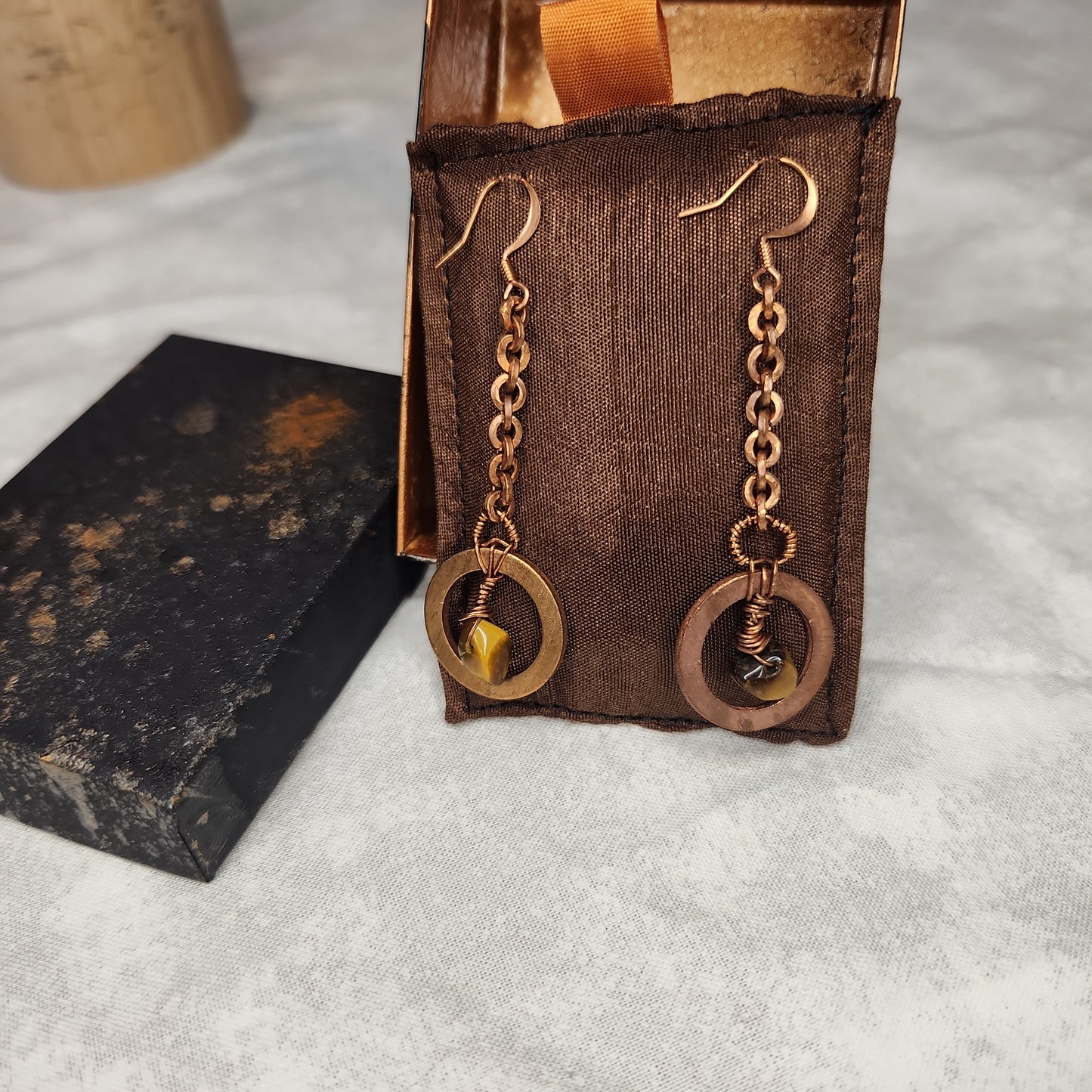 Copper Crazy Rustic Washer Wire Wrapped Tiger Eye Beaded Drop Earrings