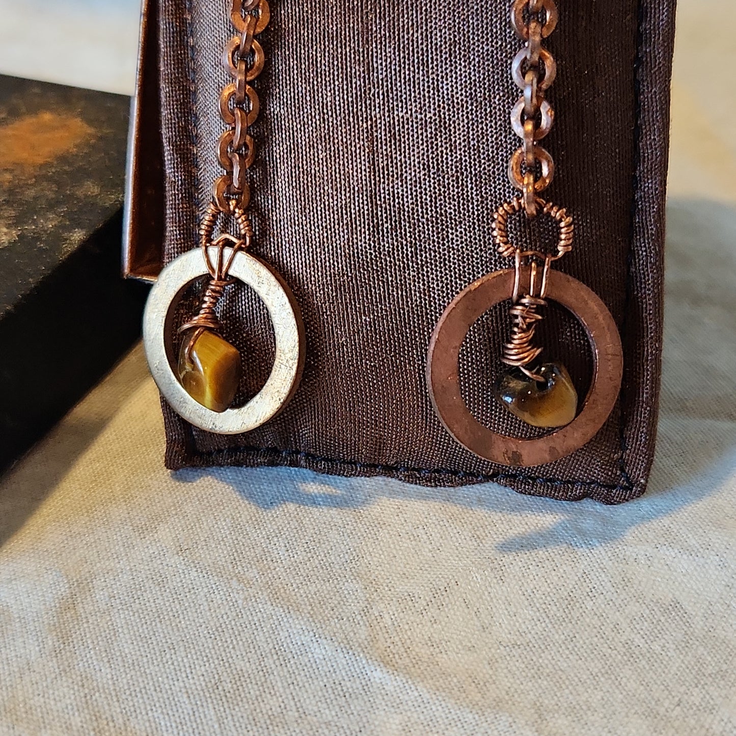 Copper Crazy Rustic Washer Wire Wrapped Tiger Eye Beaded Drop Earrings