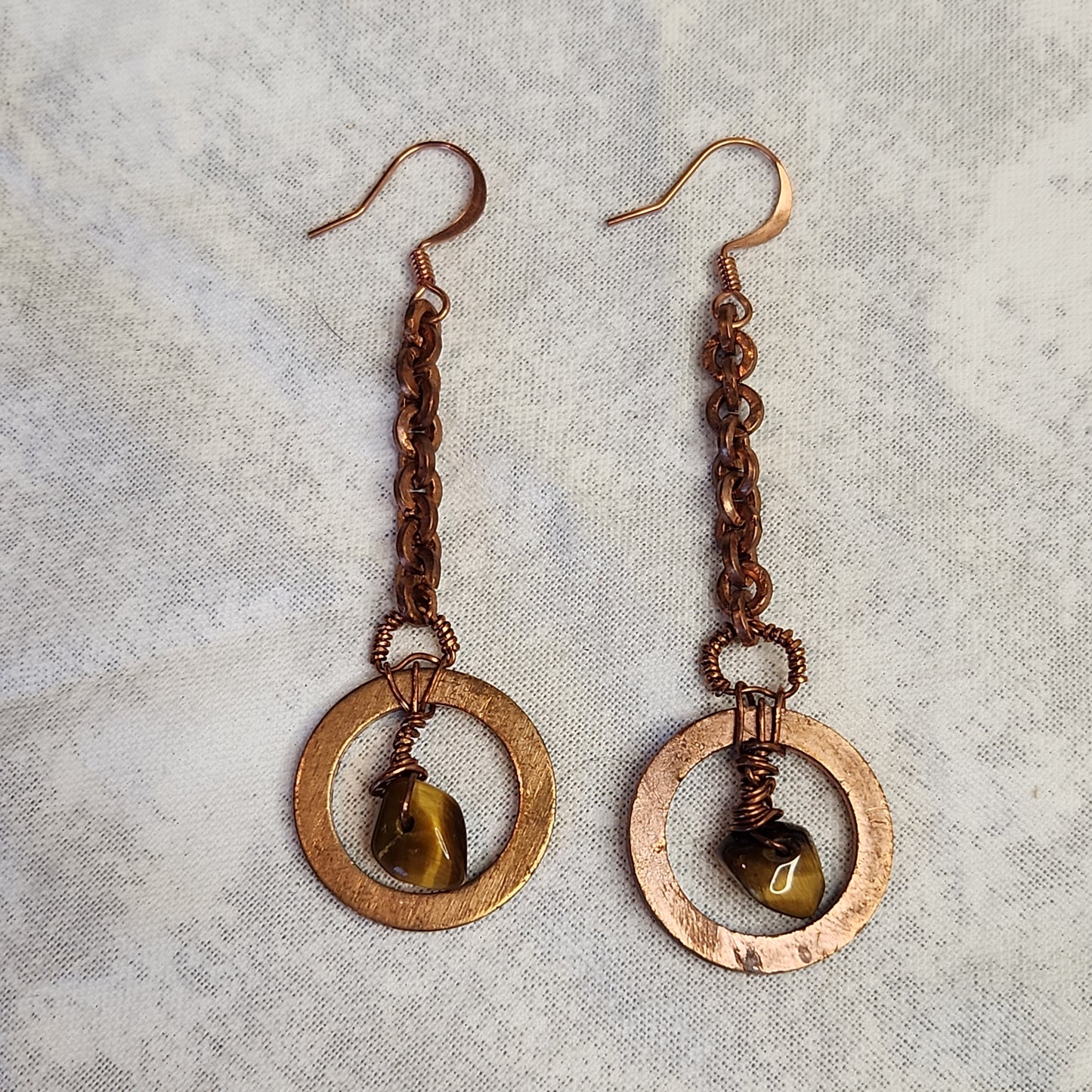 Copper Crazy Rustic Washer Wire Wrapped Tiger Eye Beaded Drop Earrings