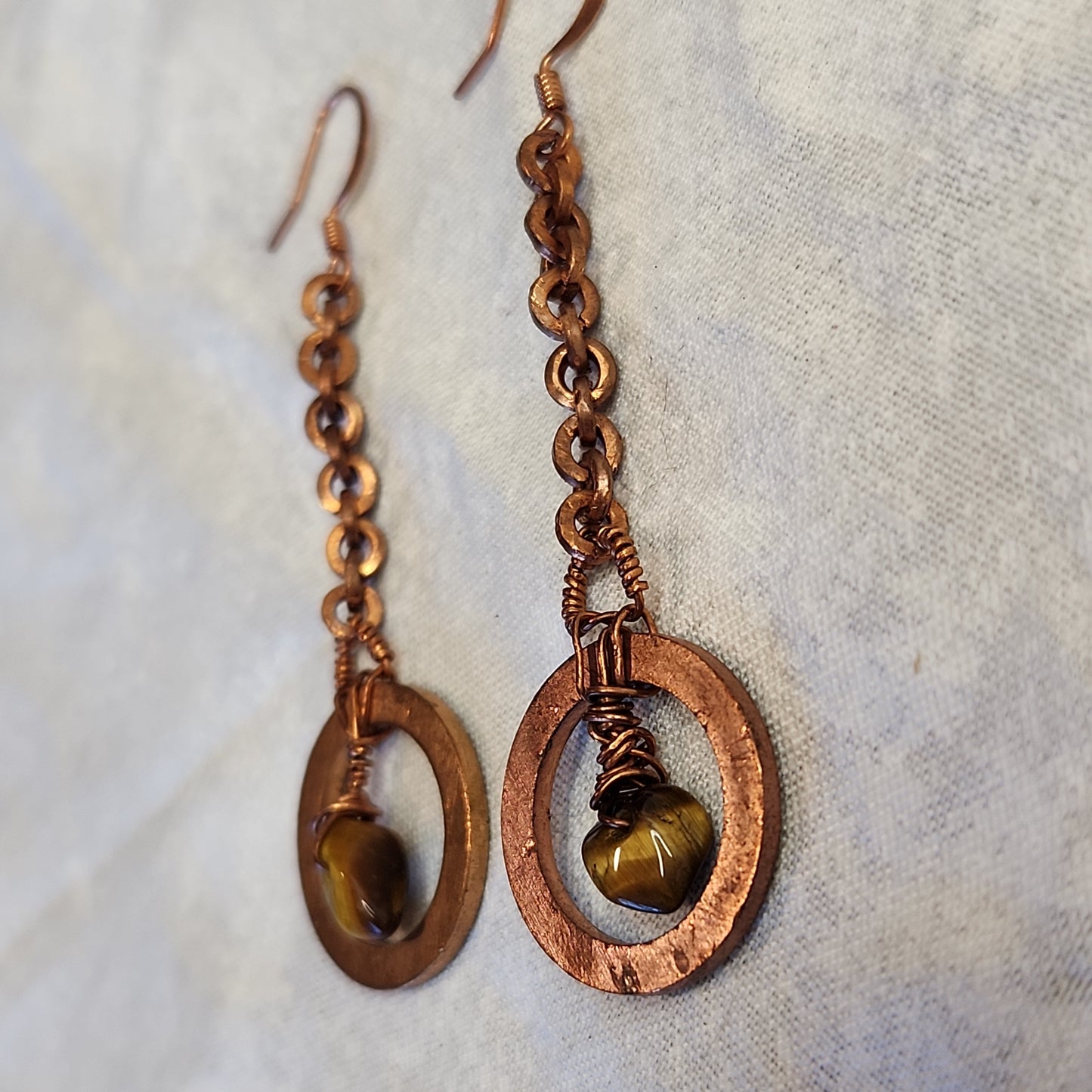 Copper Crazy Rustic Washer Wire Wrapped Tiger Eye Beaded Drop Earrings