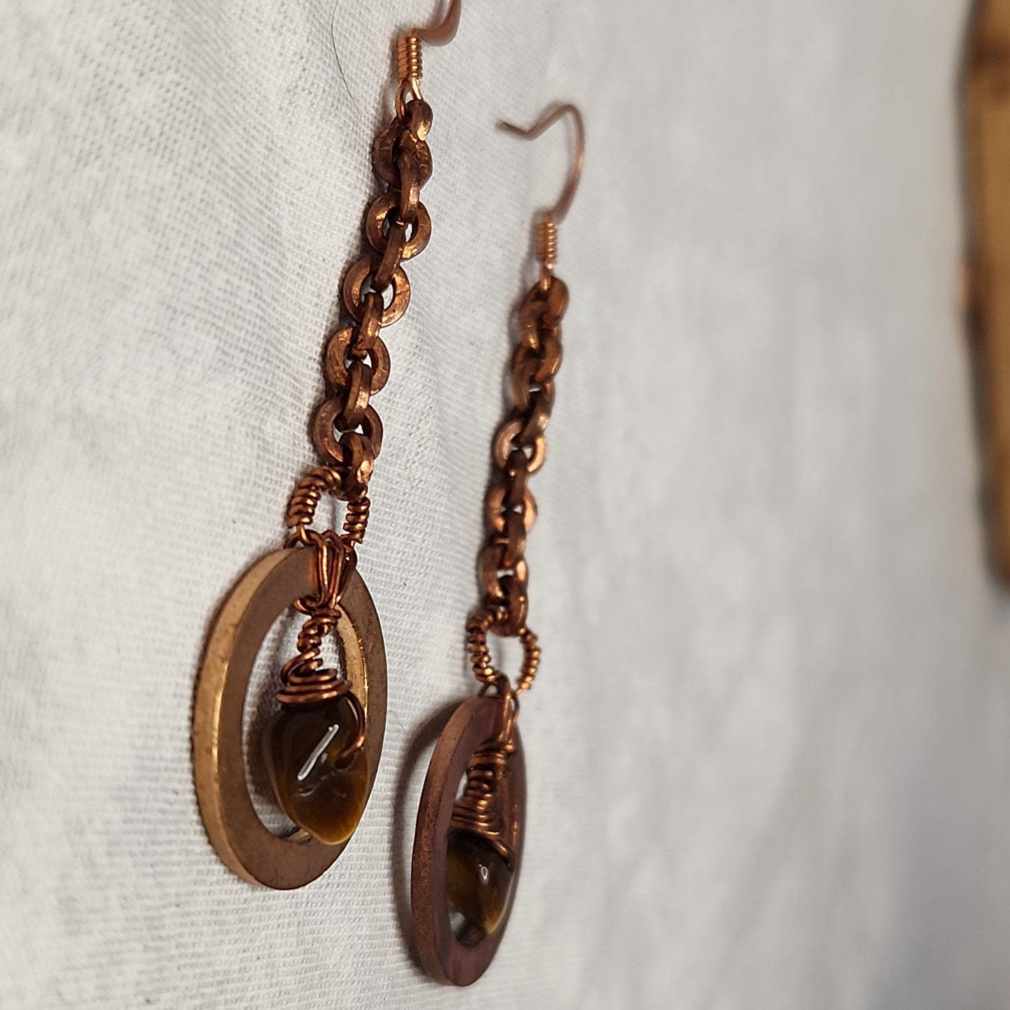 Copper Crazy Rustic Washer Wire Wrapped Tiger Eye Beaded Drop Earrings