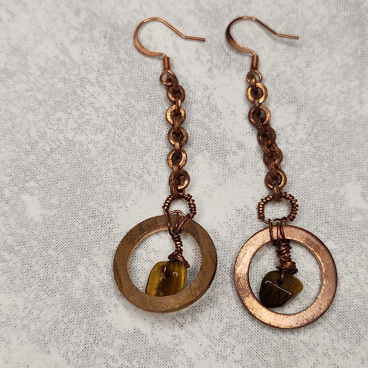 Copper Crazy Rustic Washer Wire Wrapped Tiger Eye Beaded Drop Earrings