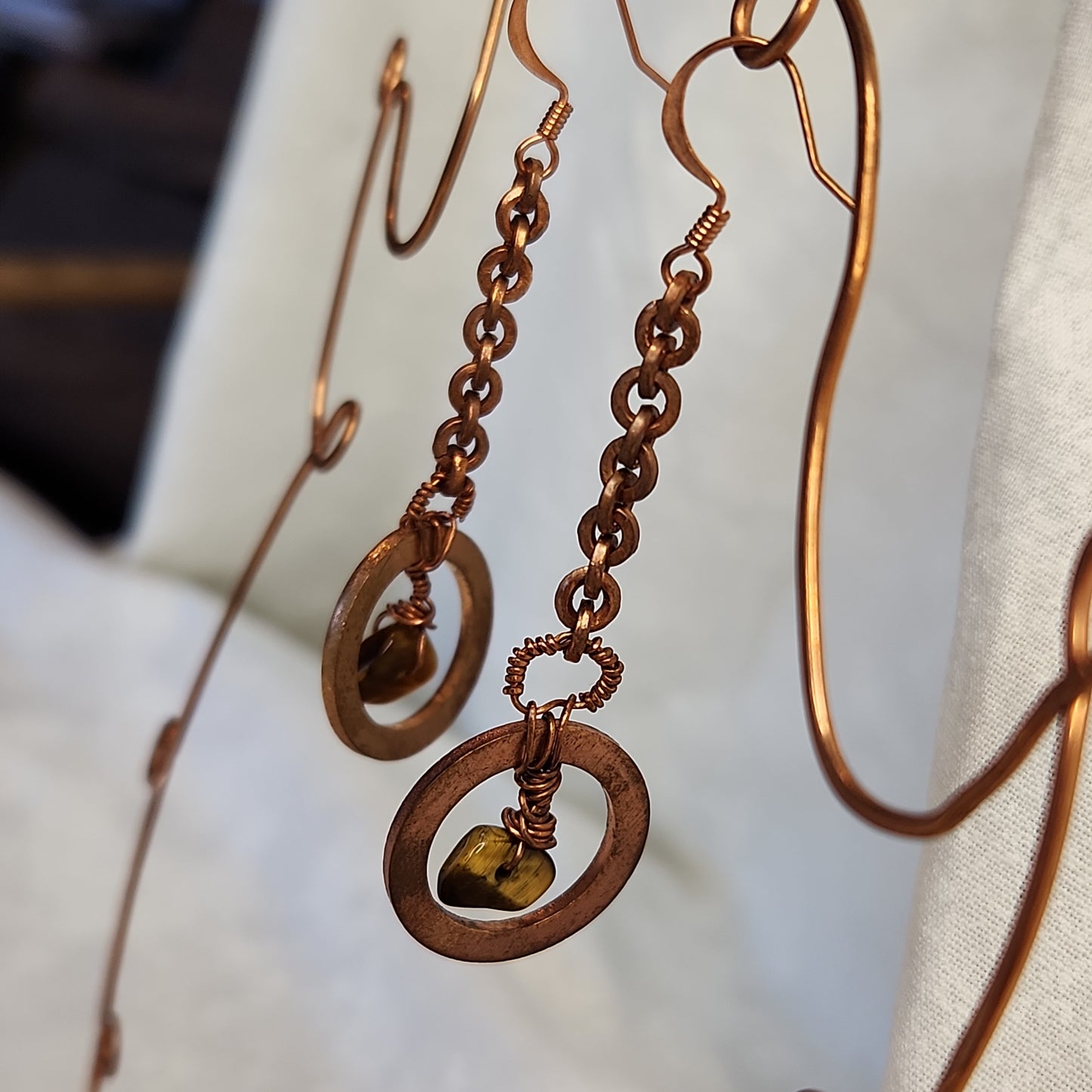 Copper Crazy Rustic Washer Wire Wrapped Tiger Eye Beaded Drop Earrings