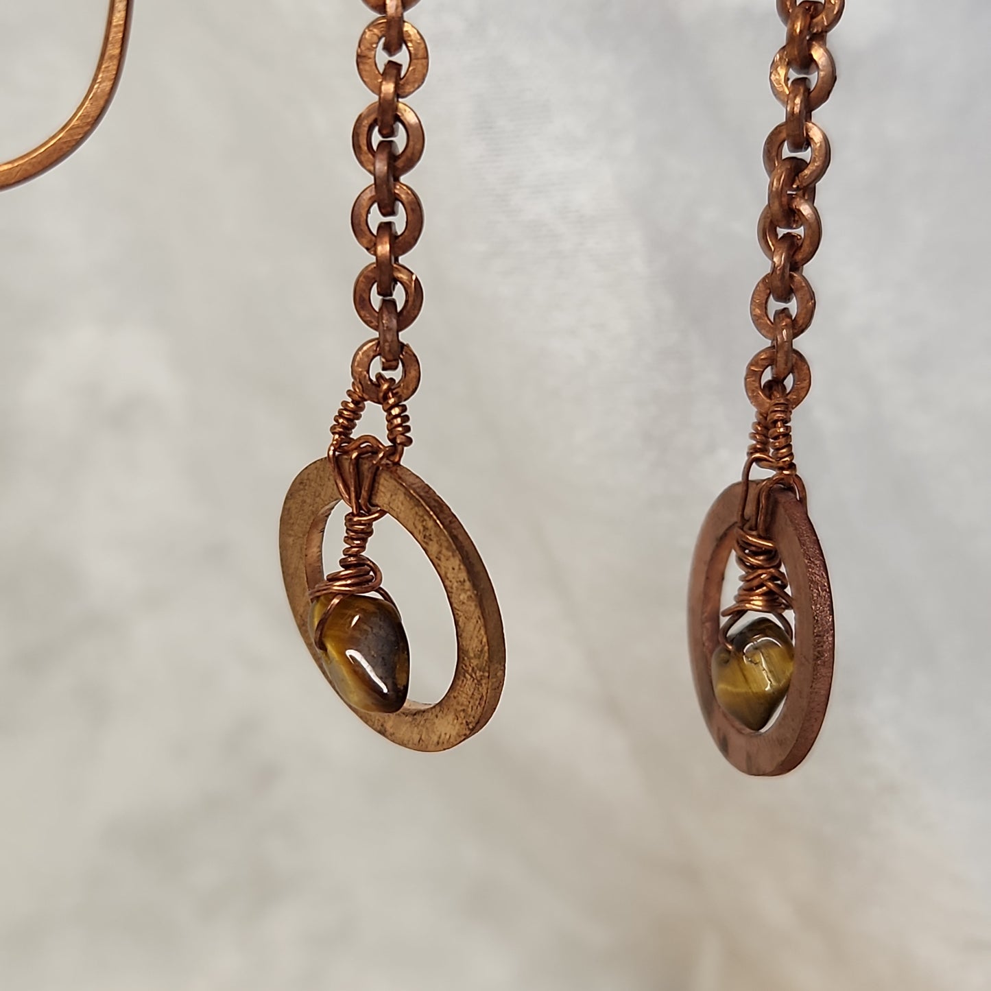 Copper Crazy Rustic Washer Wire Wrapped Tiger Eye Beaded Drop Earrings