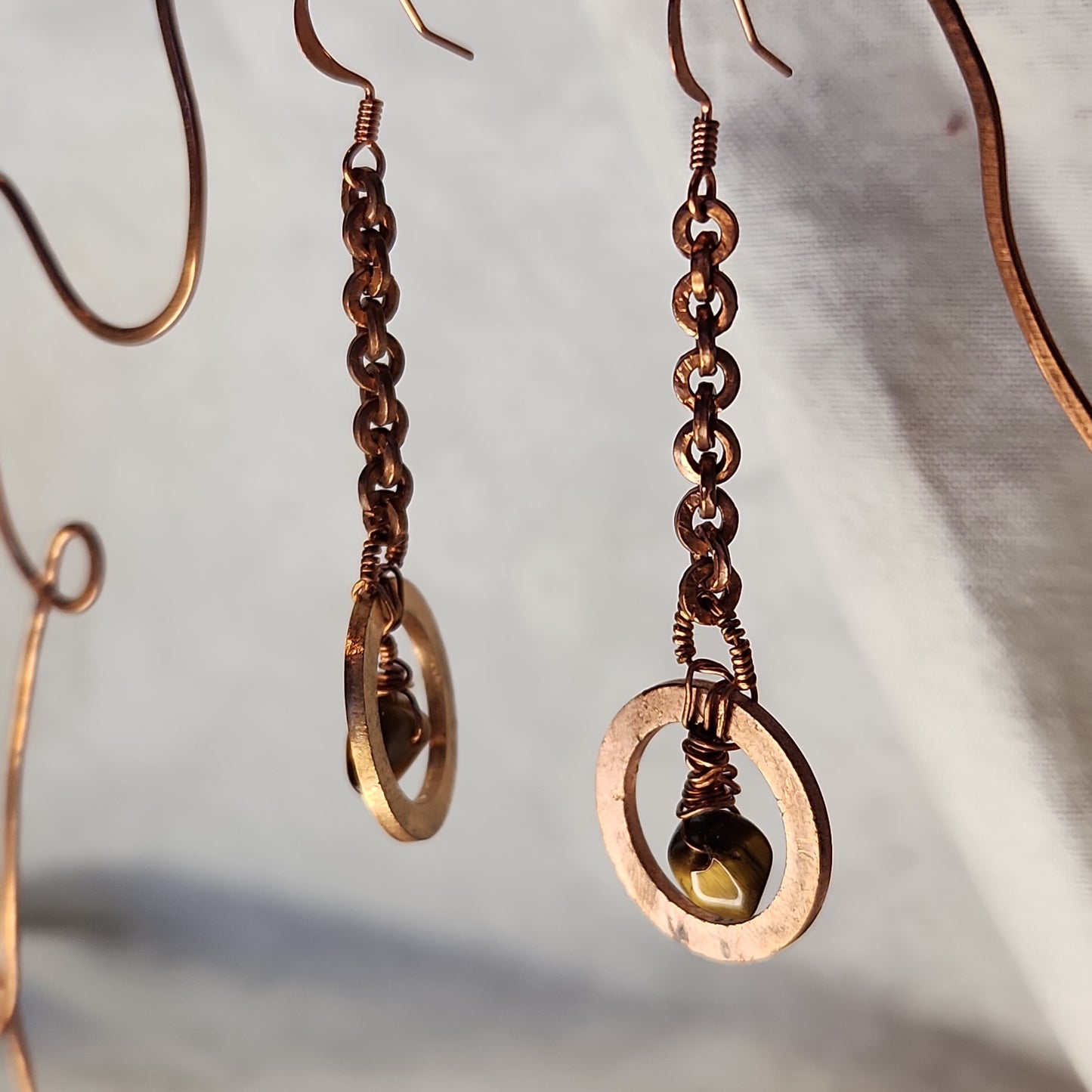 Copper Crazy Rustic Washer Wire Wrapped Tiger Eye Beaded Drop Earrings