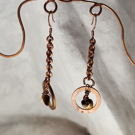 Copper Crazy Rustic Washer Wire Wrapped Tiger Eye Beaded Drop Earrings