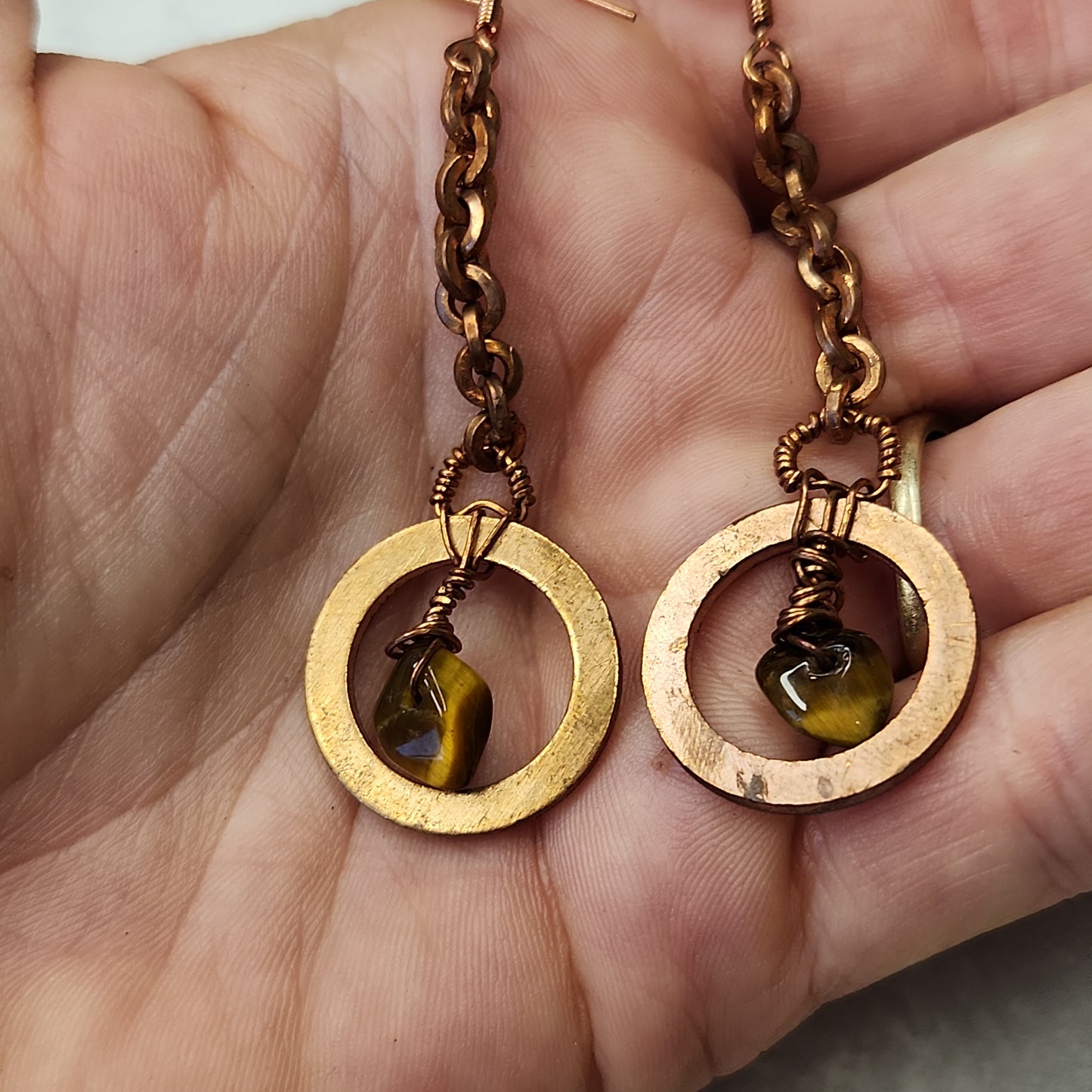 Copper Crazy Rustic Washer Wire Wrapped Tiger Eye Beaded Drop Earrings