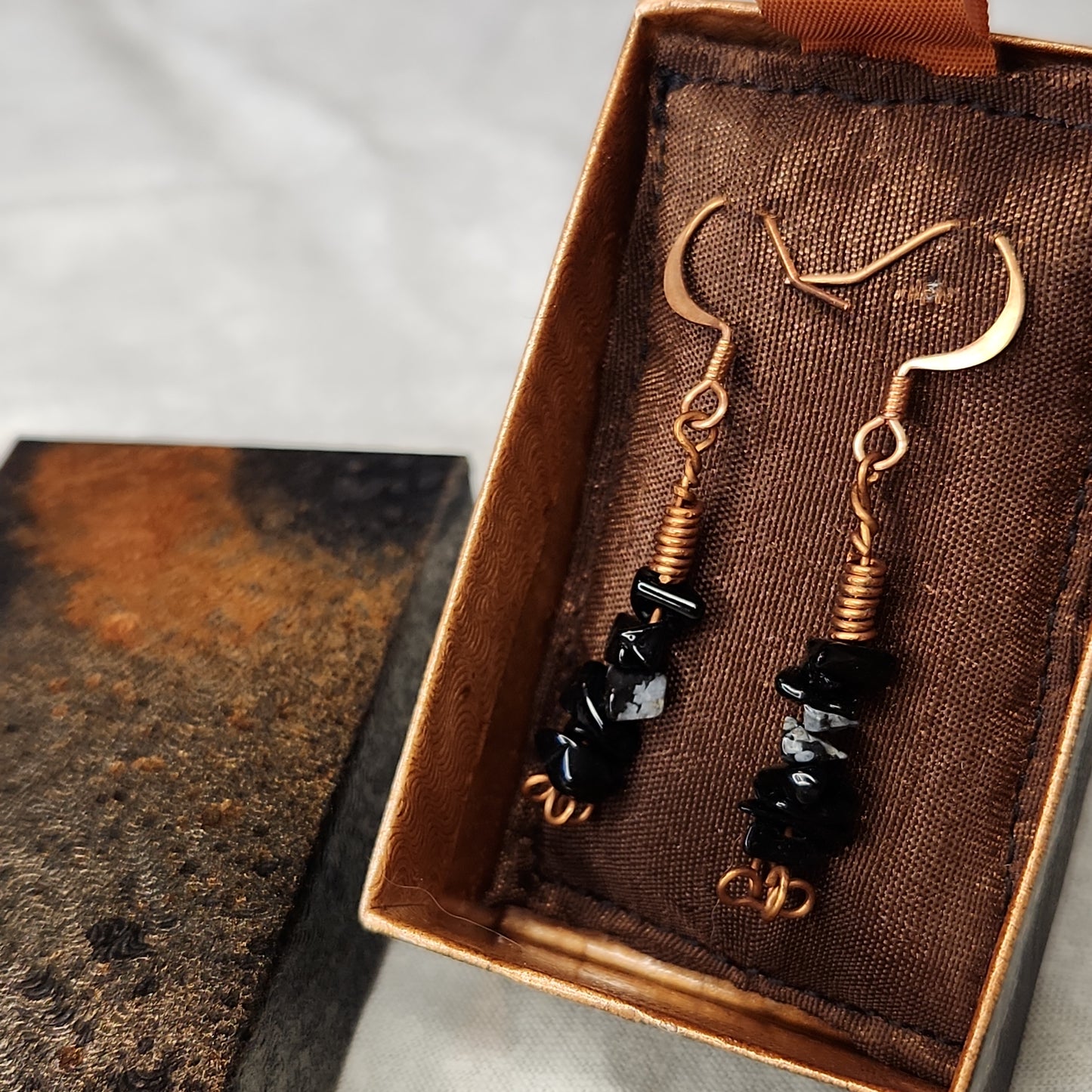 Copper Rustic Beaded Snowflake Obsidian Drop Earrings