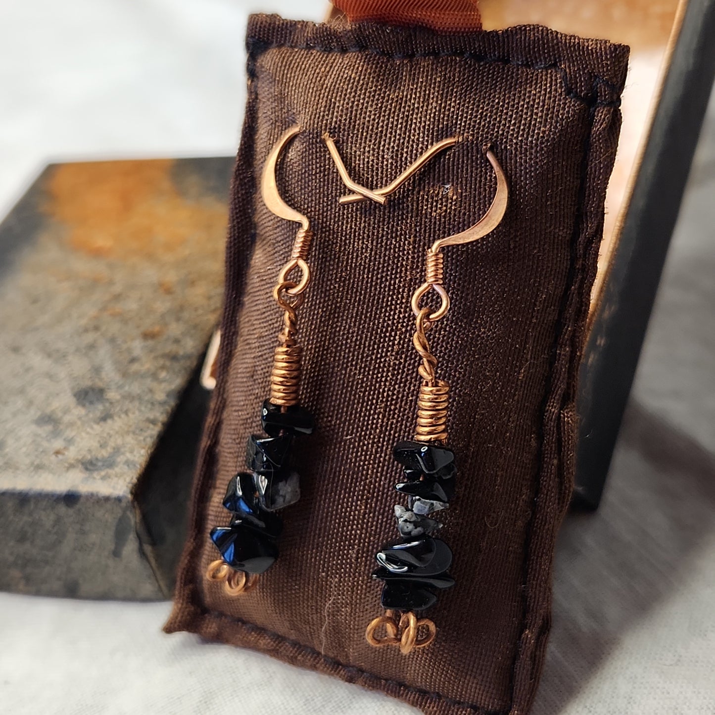 Copper Rustic Beaded Snowflake Obsidian Drop Earrings