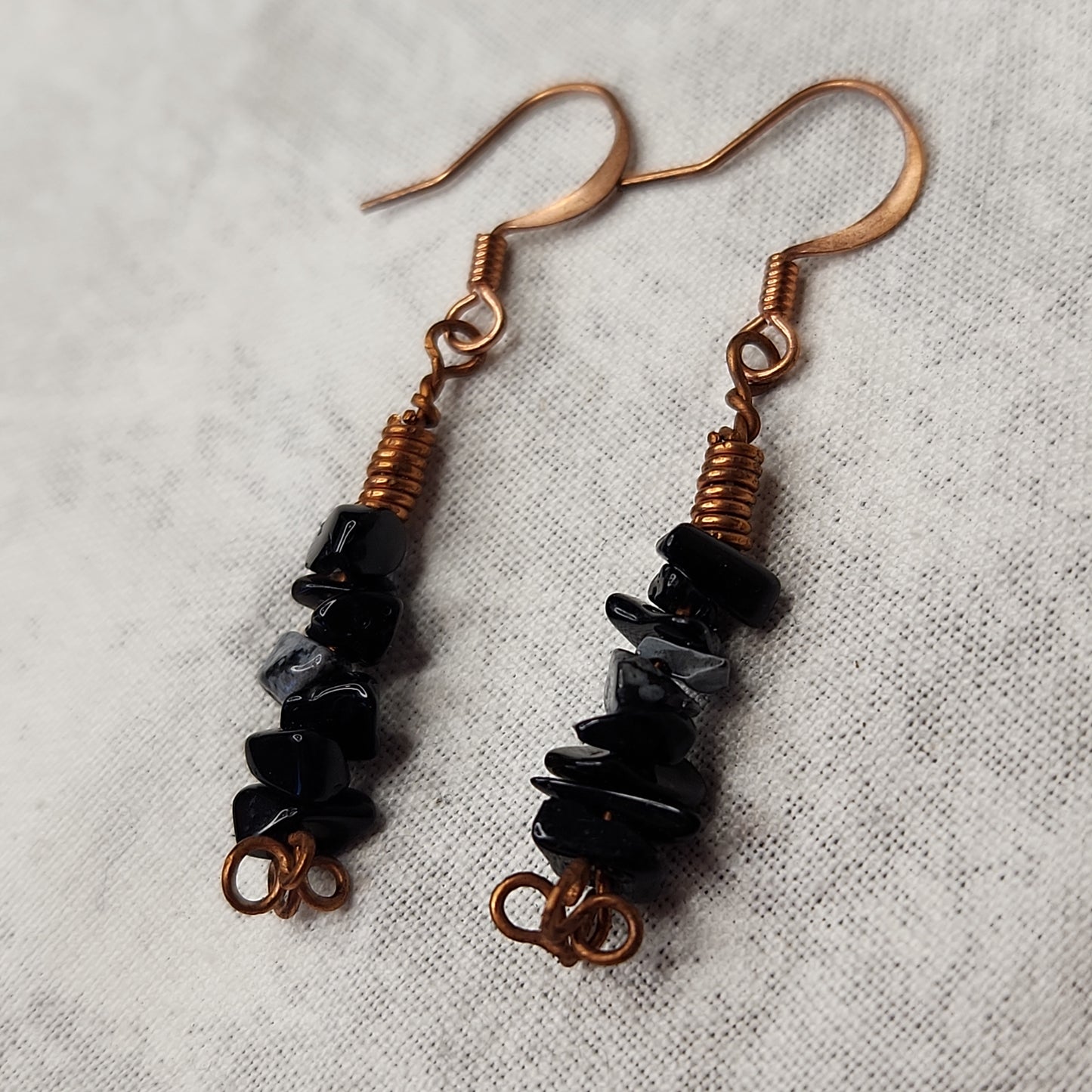 Copper Rustic Beaded Snowflake Obsidian Drop Earrings