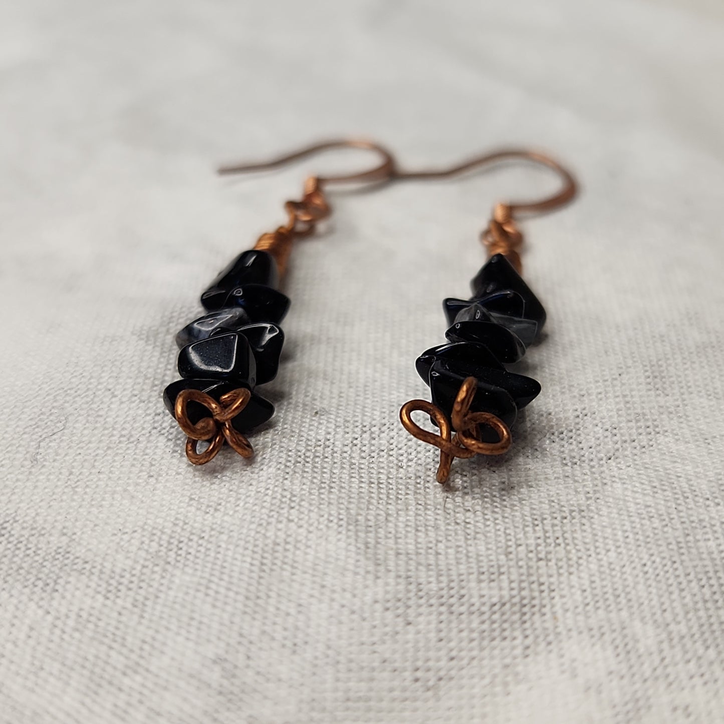 Copper Rustic Beaded Snowflake Obsidian Drop Earrings