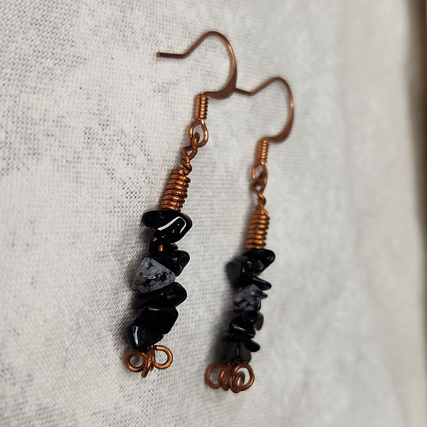 Copper Rustic Beaded Snowflake Obsidian Drop Earrings