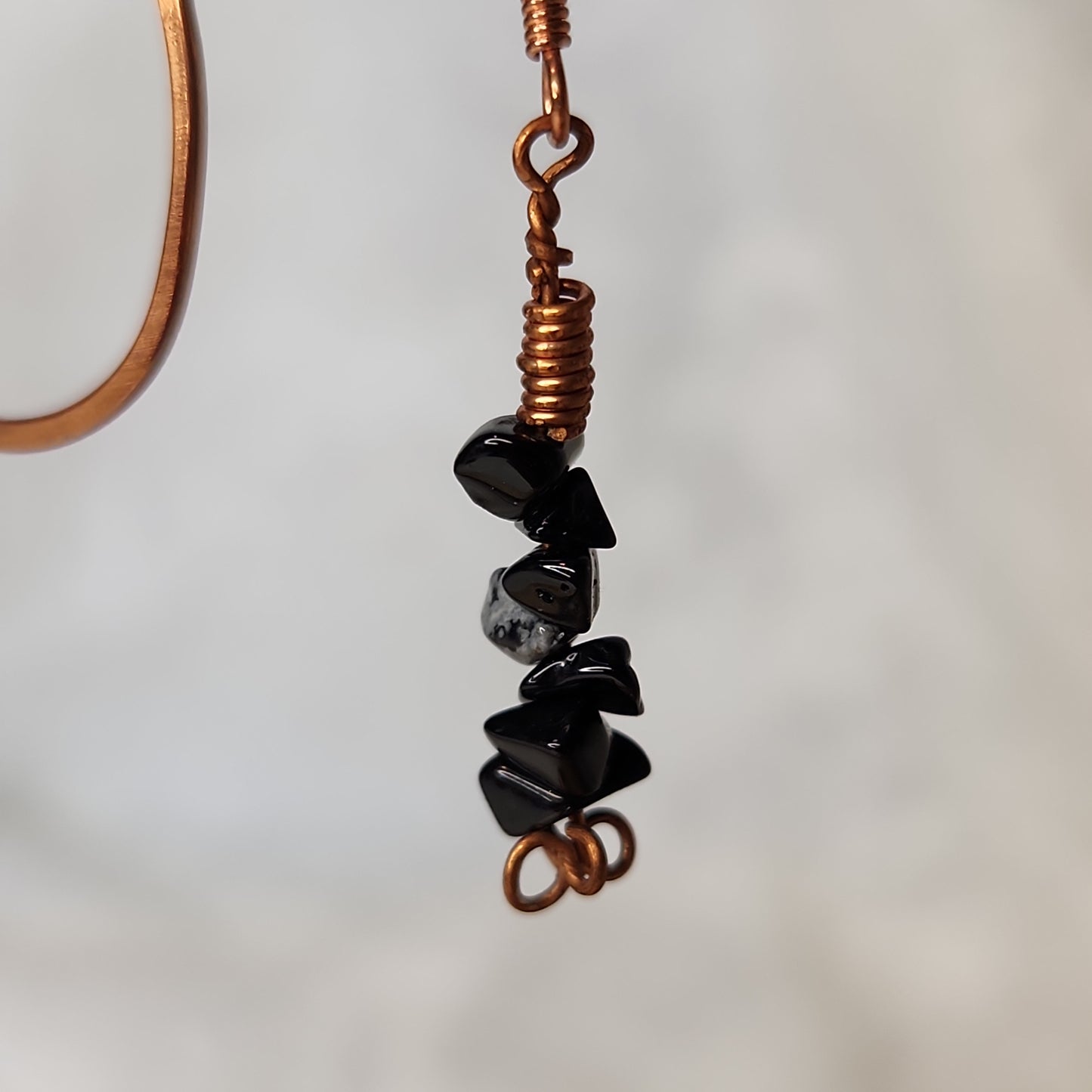 Copper Rustic Beaded Snowflake Obsidian Drop Earrings