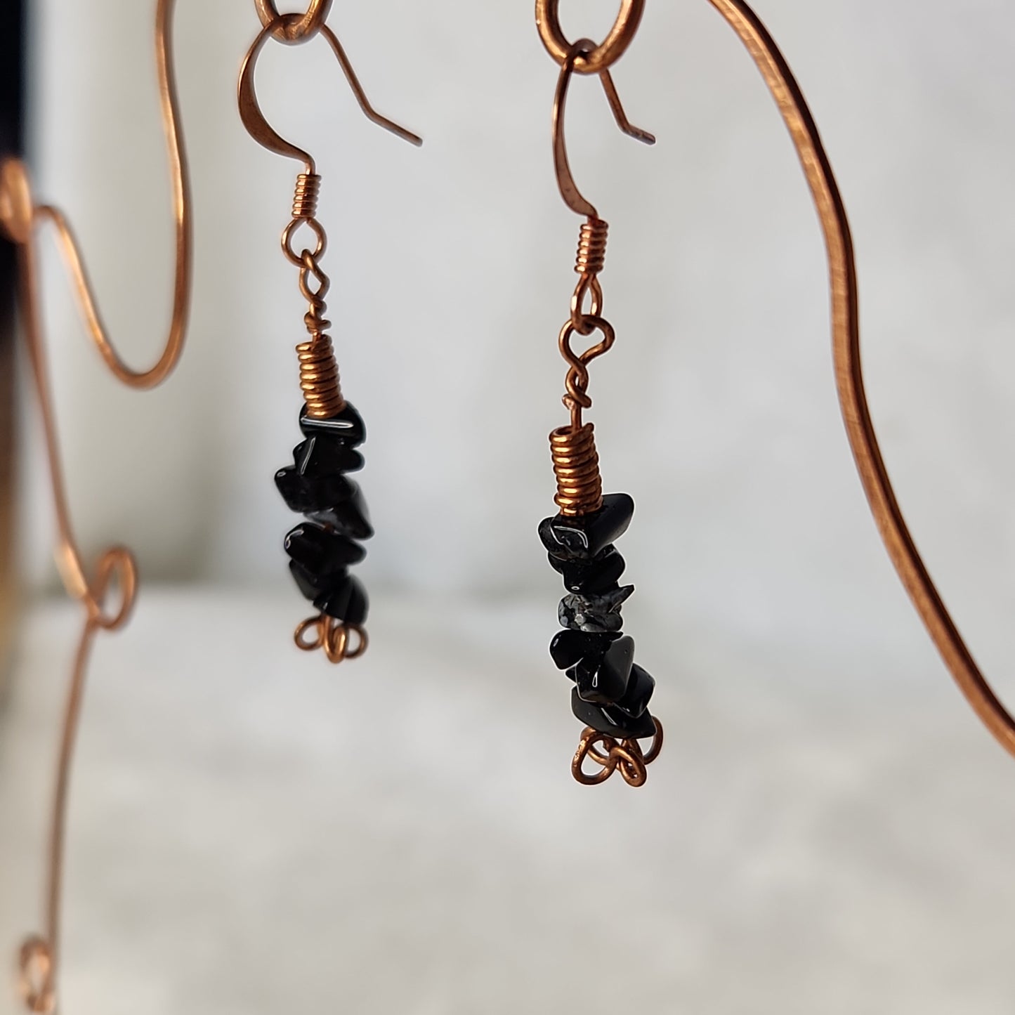 Copper Rustic Beaded Snowflake Obsidian Drop Earrings