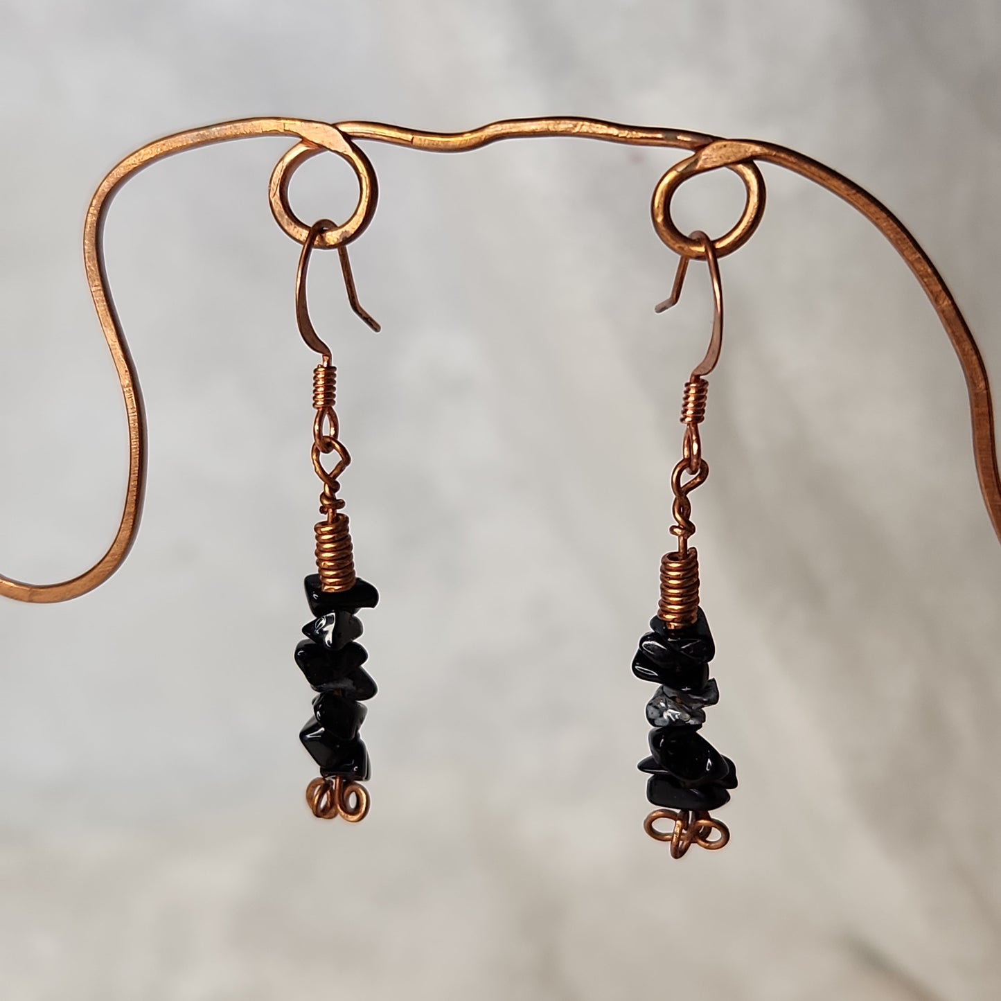 Copper Rustic Beaded Snowflake Obsidian Drop Earrings